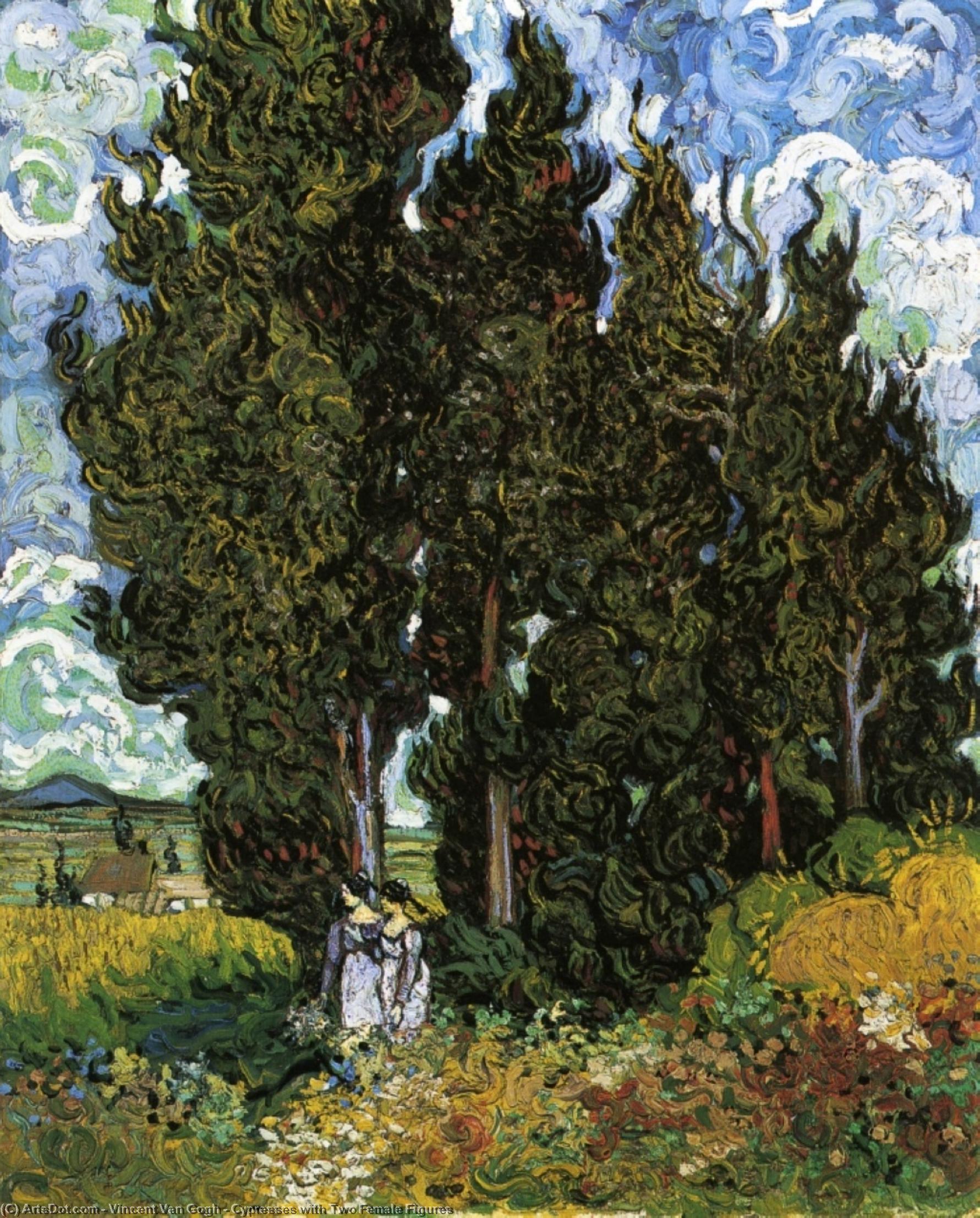 Wikioo.org - The Encyclopedia of Fine Arts - Painting, Artwork by Vincent Van Gogh - Cypresses with Two Female Figures