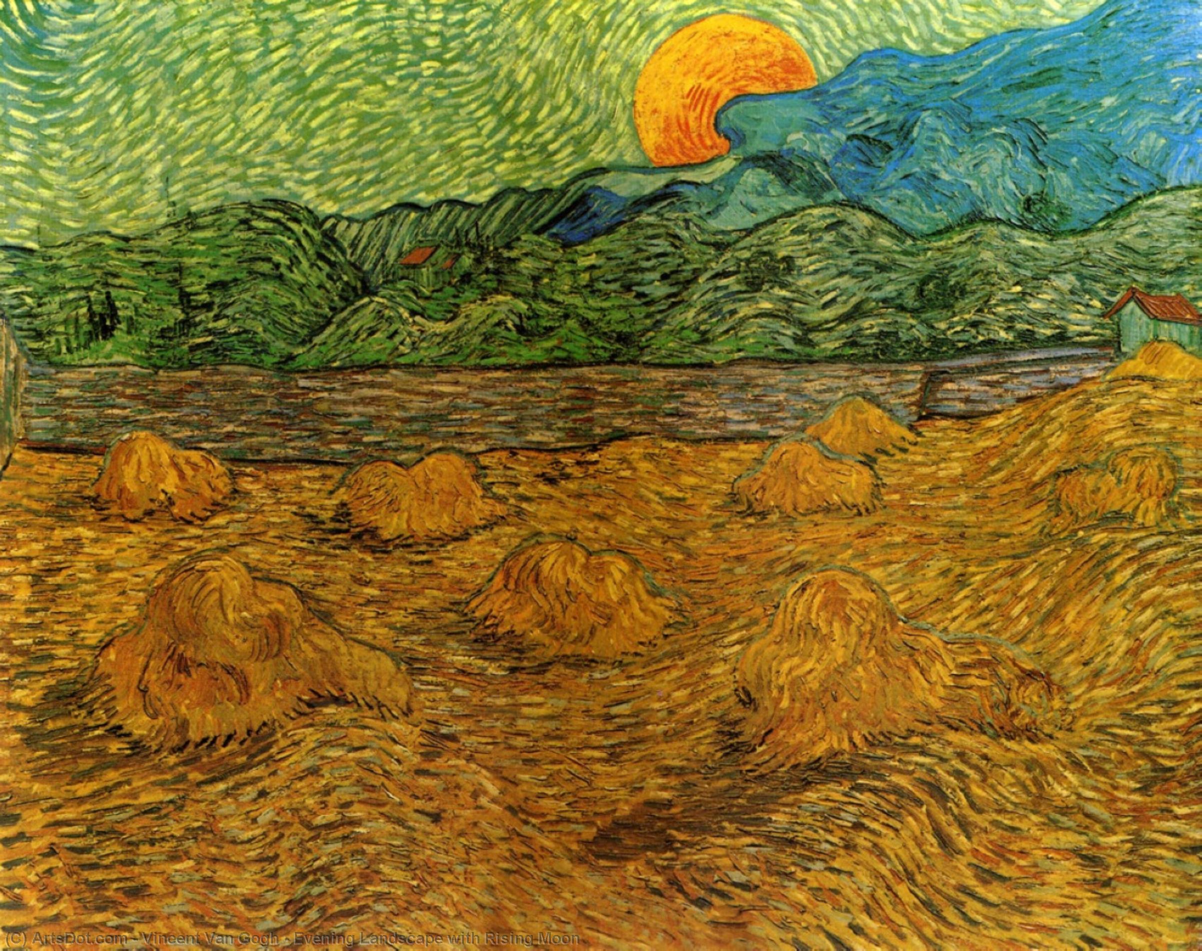 Wikioo.org - The Encyclopedia of Fine Arts - Painting, Artwork by Vincent Van Gogh - Evening Landscape with Rising Moon