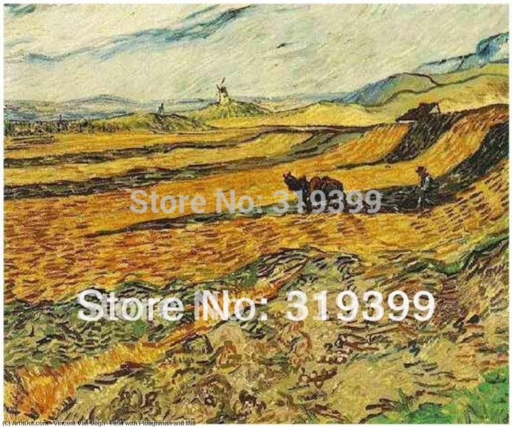 WikiOO.org - Енциклопедия за изящни изкуства - Живопис, Произведения на изкуството Vincent Van Gogh - Field with Ploughman and Mill