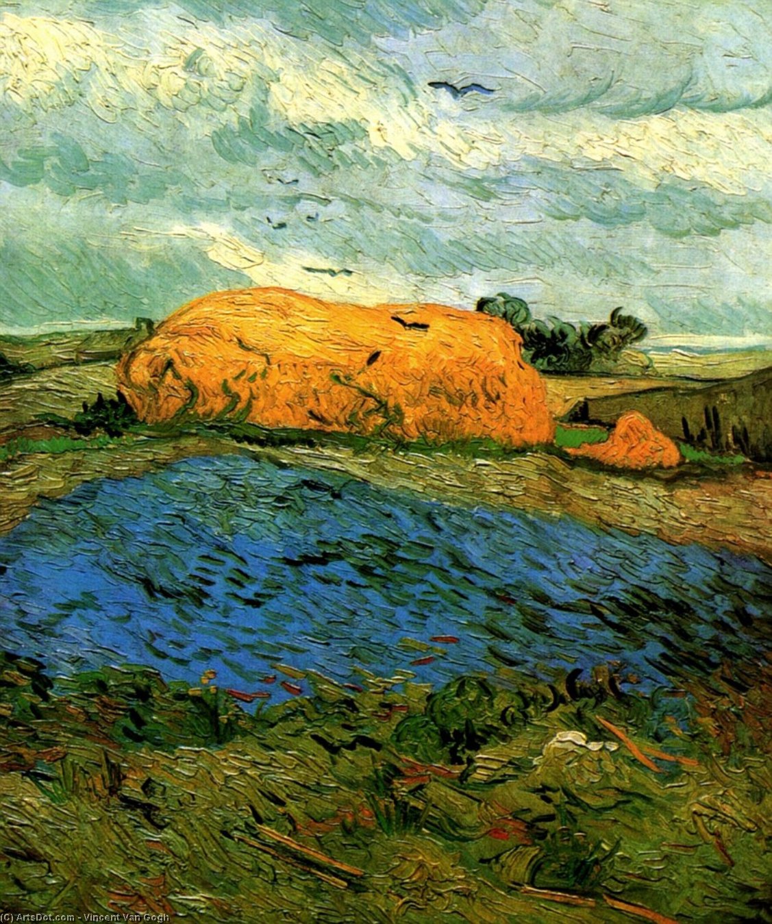Wikoo.org - موسوعة الفنون الجميلة - اللوحة، العمل الفني Vincent Van Gogh - Haystacks under a Rainy Sky