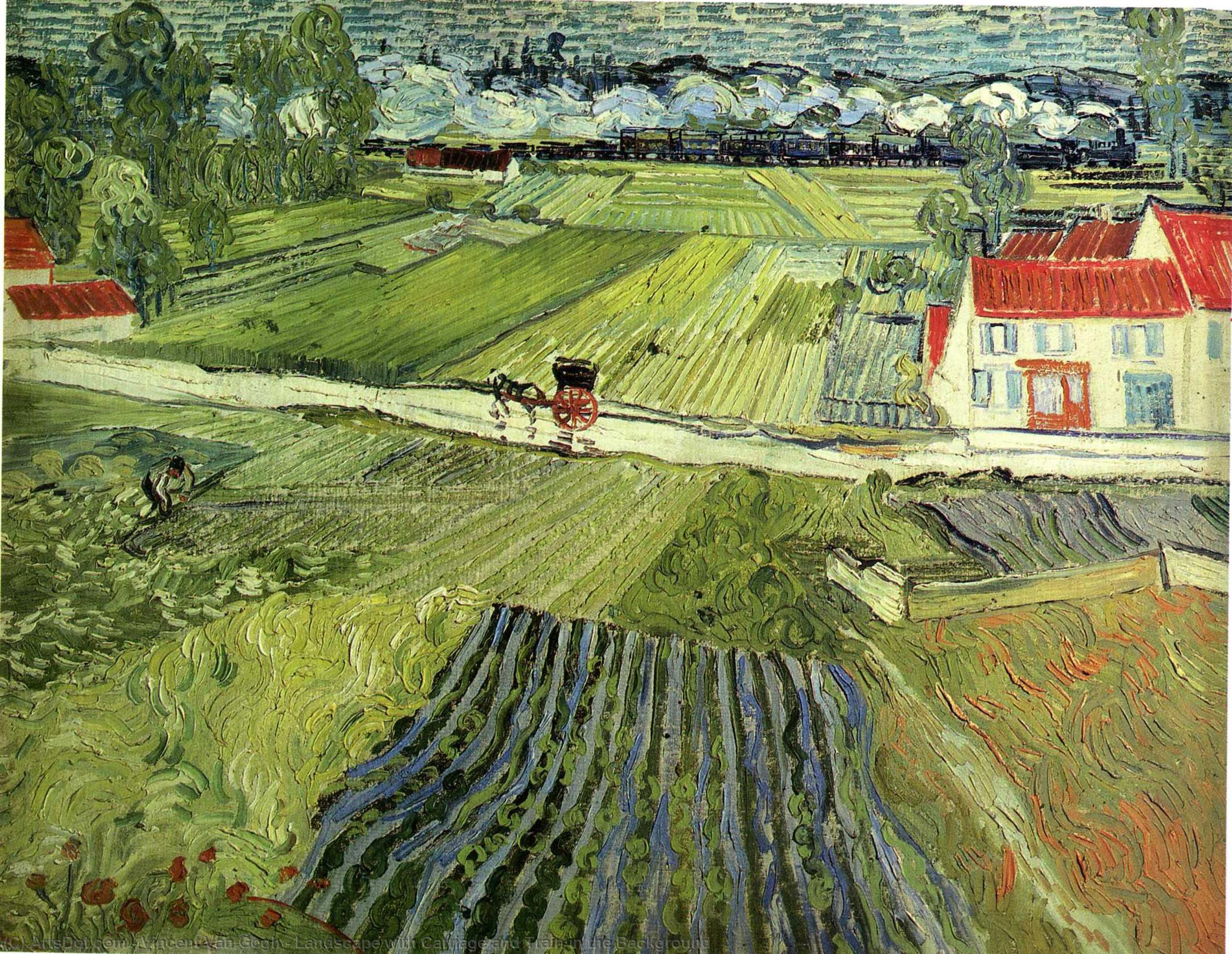 Wikioo.org - The Encyclopedia of Fine Arts - Painting, Artwork by Vincent Van Gogh - Landscape with Carriage and Train in the Background