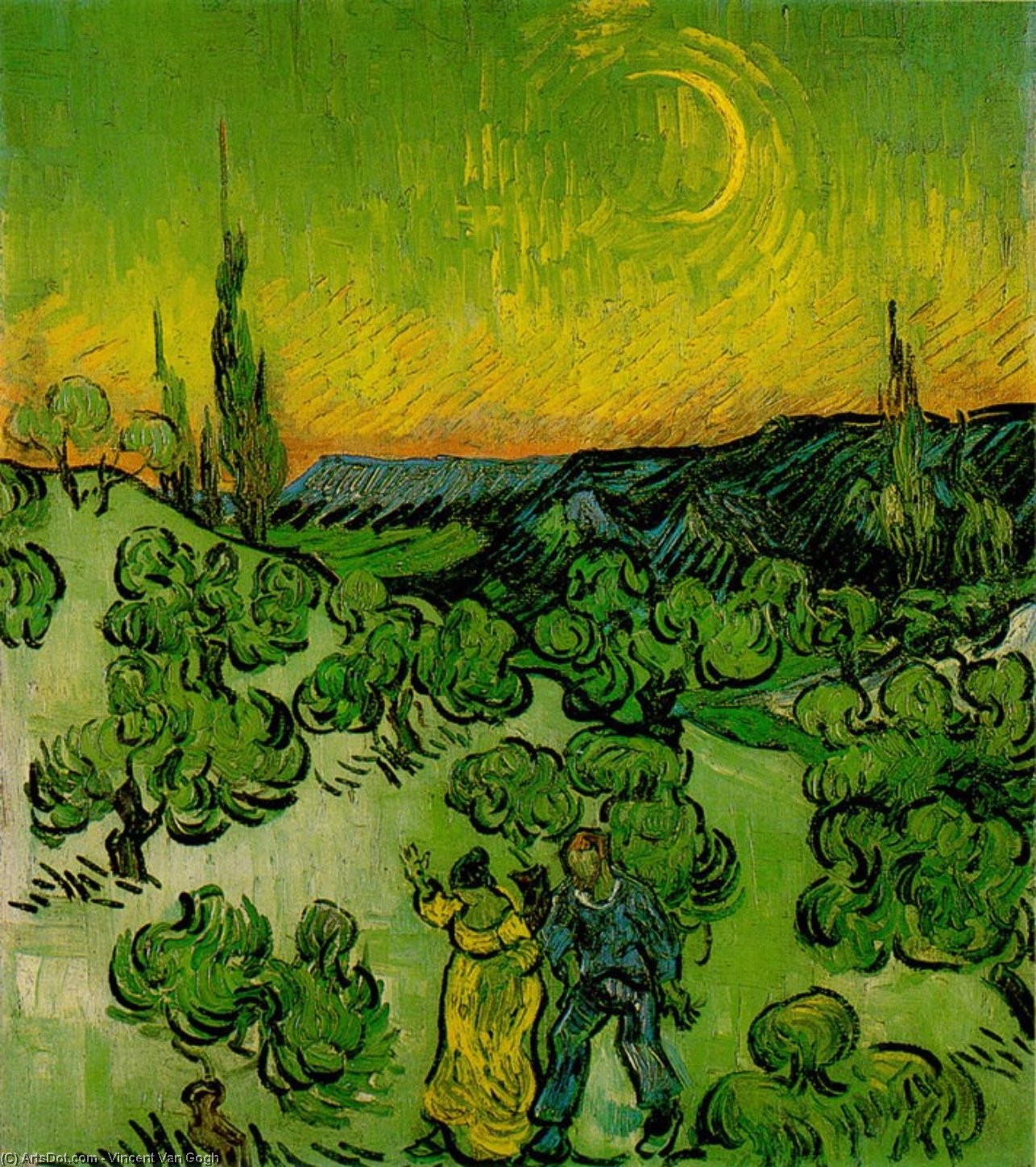 Wikioo.org - The Encyclopedia of Fine Arts - Painting, Artwork by Vincent Van Gogh - Landscape with Couple Walking and Crescent Moon
