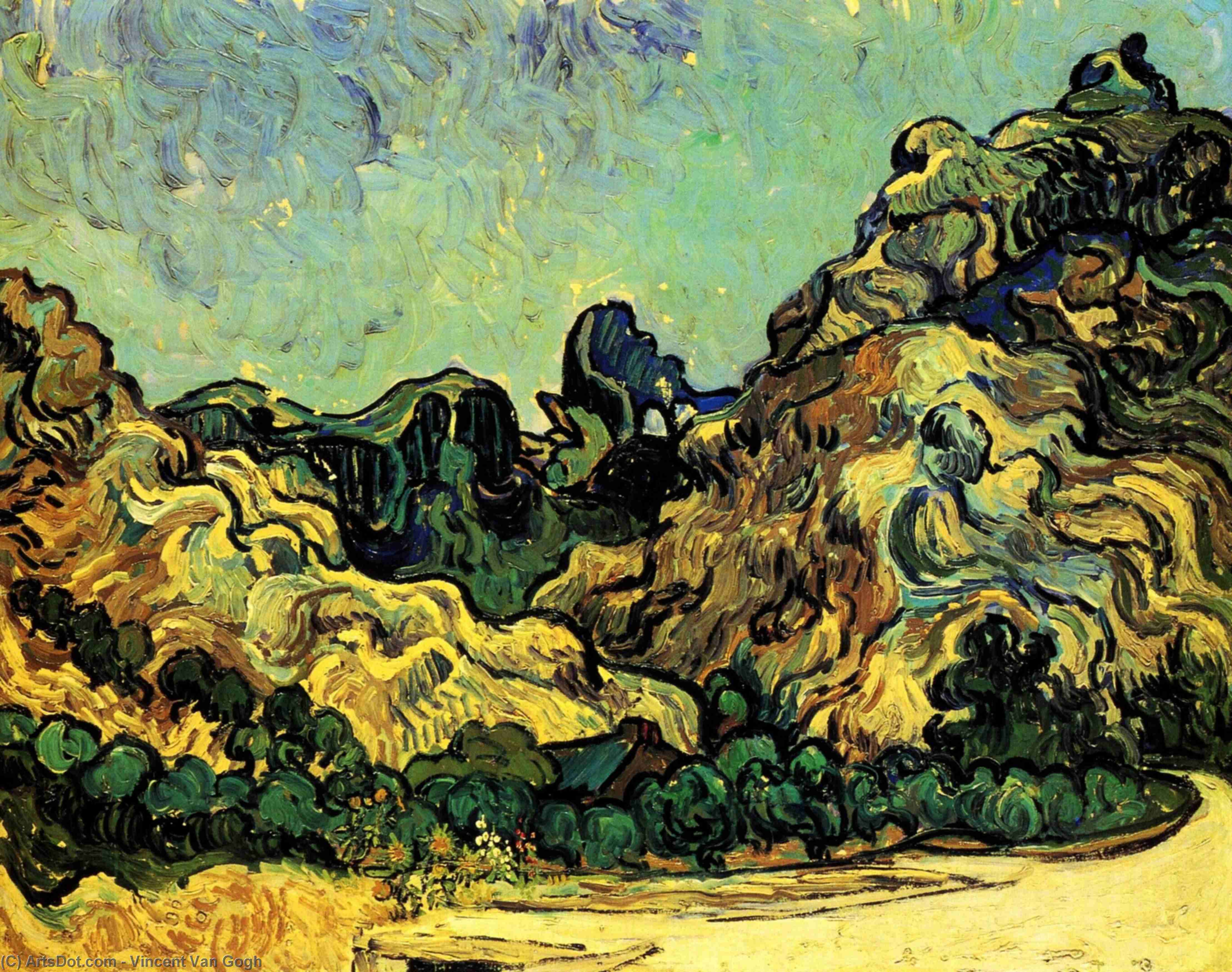 WikiOO.org - Εγκυκλοπαίδεια Καλών Τεχνών - Ζωγραφική, έργα τέχνης Vincent Van Gogh - Mountains at Saint-Remy with Dark Cottage