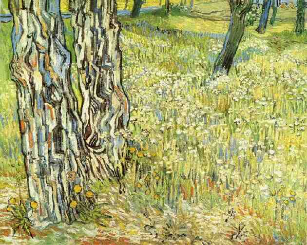Wikioo.org - The Encyclopedia of Fine Arts - Painting, Artwork by Vincent Van Gogh - Pine Trees and Dandelions in the Garden of Saint-Paul Hospital