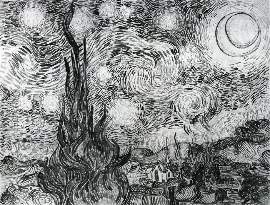WikiOO.org - Encyclopedia of Fine Arts - Målning, konstverk Vincent Van Gogh - Starry Night (Drawing)