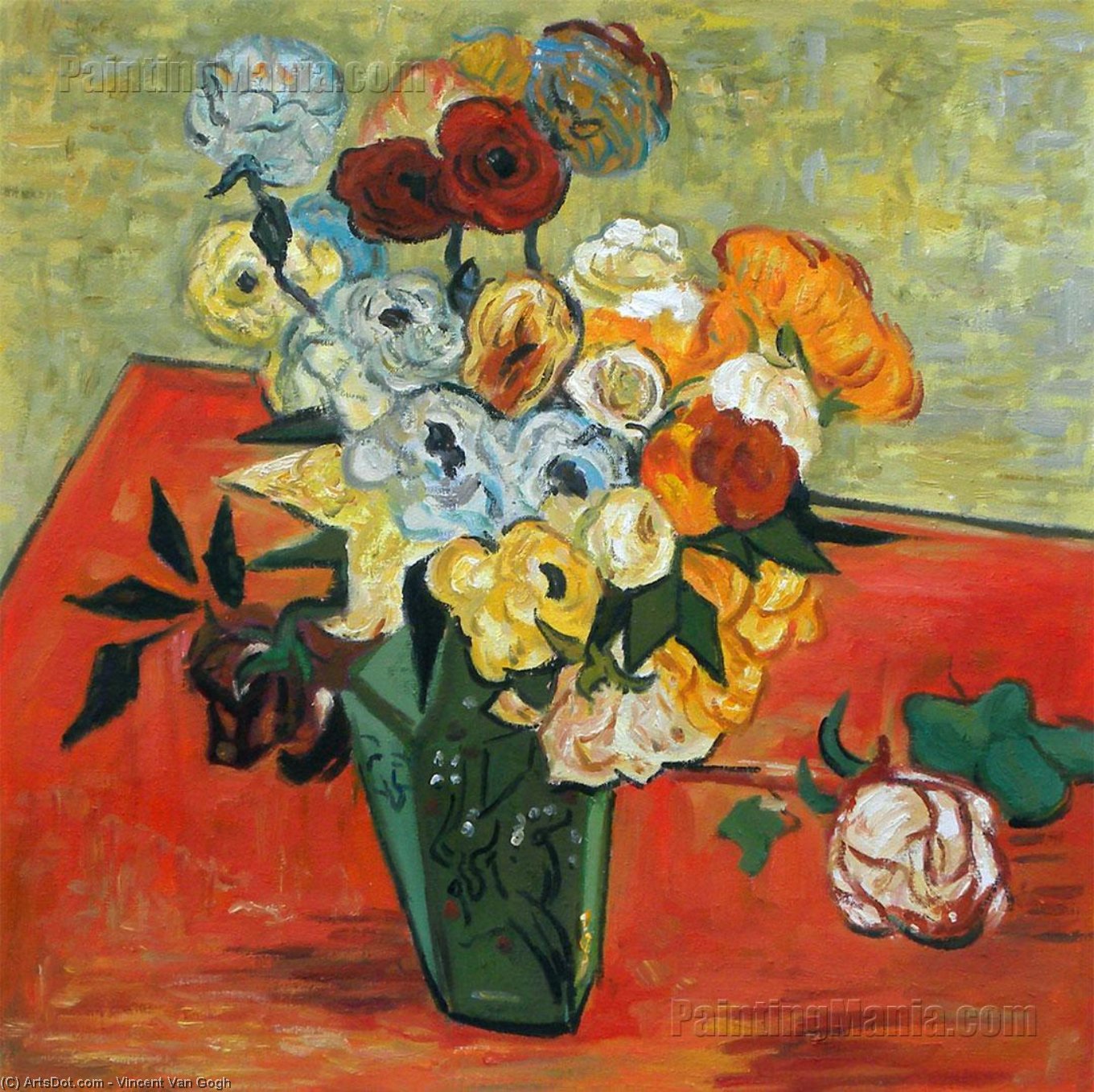 WikiOO.org – 美術百科全書 - 繪畫，作品 Vincent Van Gogh - 静物日本花瓶玫瑰和海葵