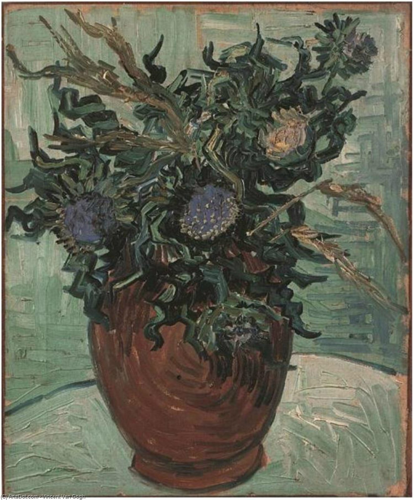 Wikioo.org - The Encyclopedia of Fine Arts - Painting, Artwork by Vincent Van Gogh - Still Life Vase with Flower and Thistles