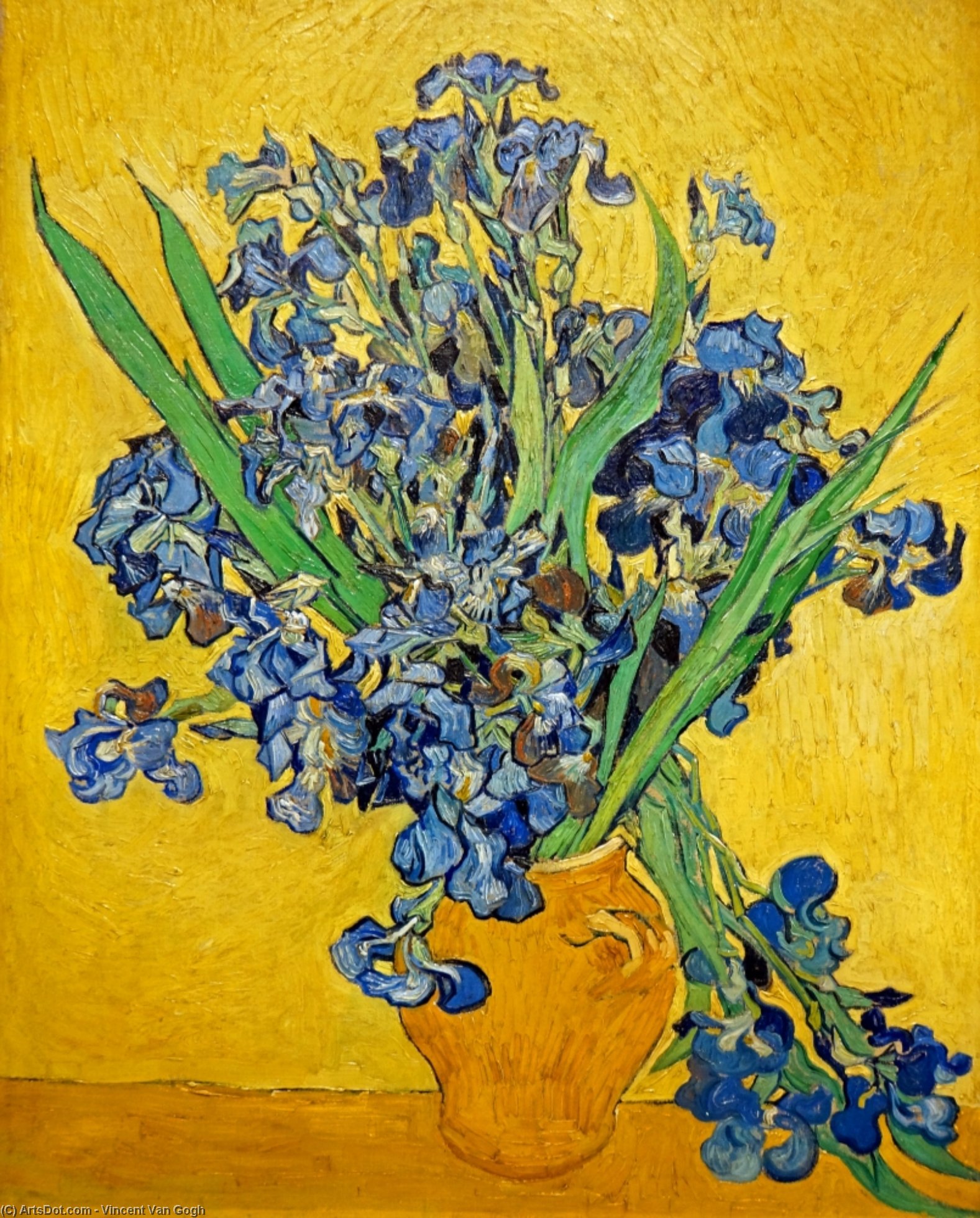 Wikioo.org - The Encyclopedia of Fine Arts - Painting, Artwork by Vincent Van Gogh - Still Life Vase with Irises Against a Yellow Background