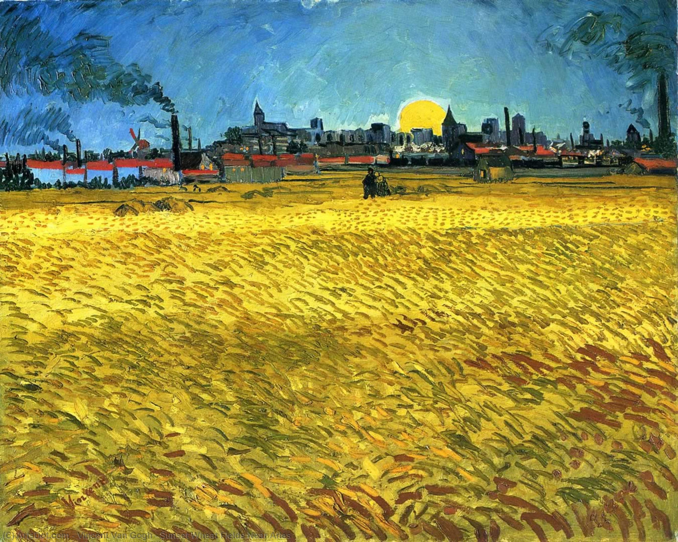 Wikioo.org - The Encyclopedia of Fine Arts - Painting, Artwork by Vincent Van Gogh - Sunset Wheat Fields Near Arles