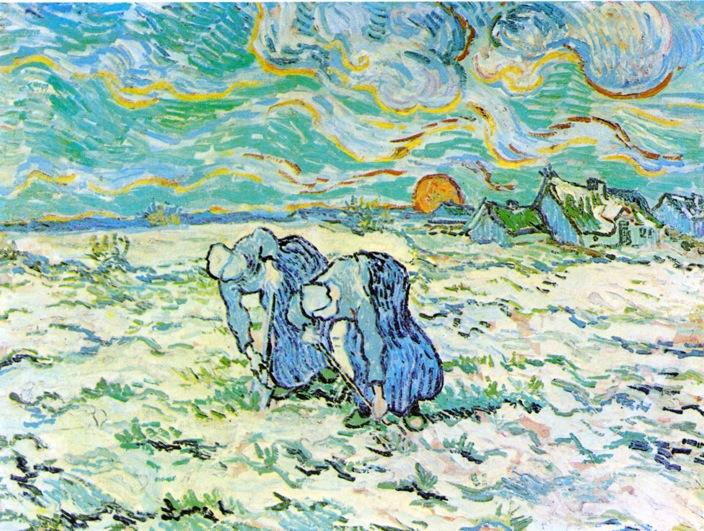 Wikioo.org - The Encyclopedia of Fine Arts - Painting, Artwork by Vincent Van Gogh - Two Peasant Women Digging in Field with Snow