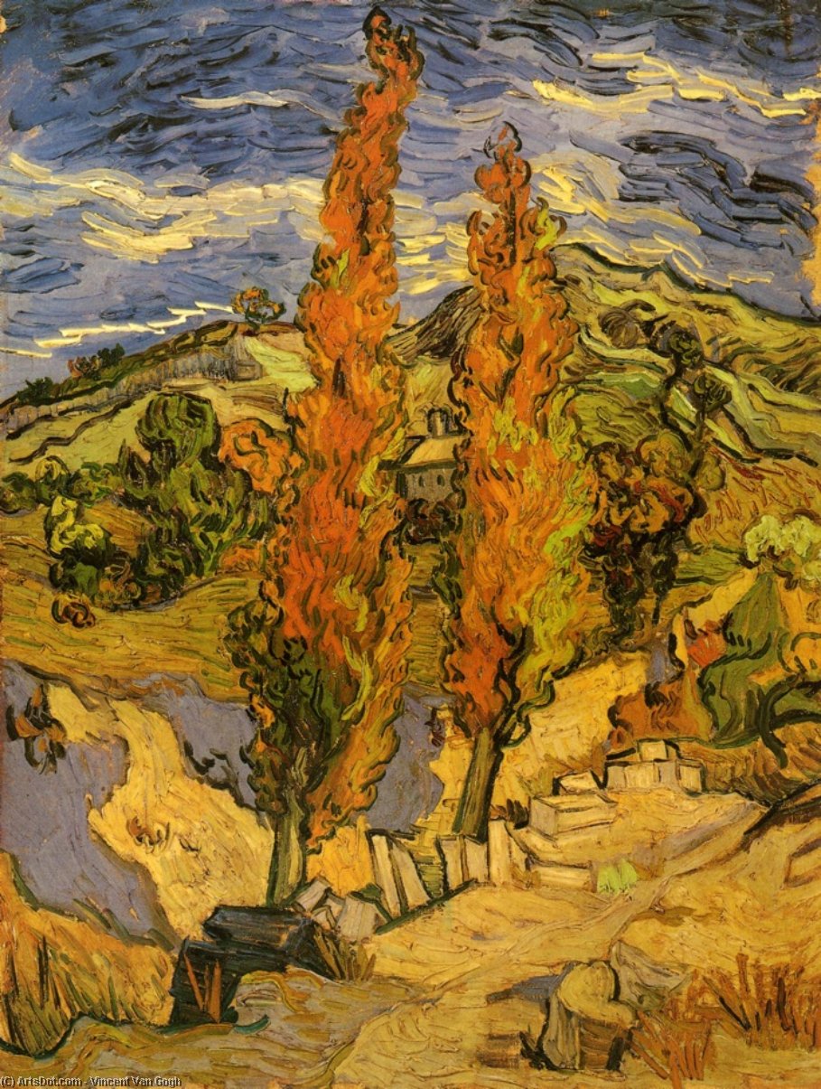 Wikioo.org – La Enciclopedia de las Bellas Artes - Pintura, Obras de arte de Vincent Van Gogh - dos álamos en un camino a través de la colinas