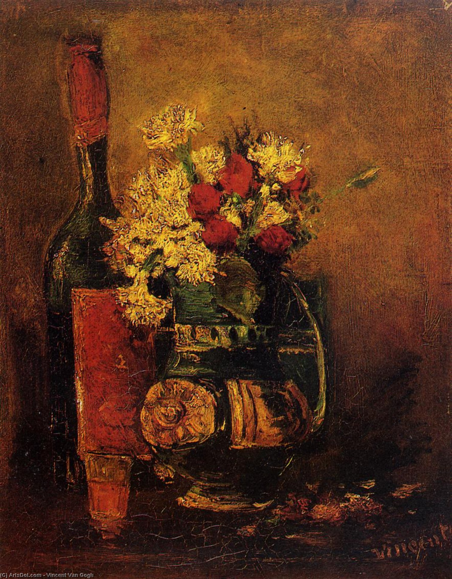 Wikioo.org - สารานุกรมวิจิตรศิลป์ - จิตรกรรม Vincent Van Gogh - Vase with Carnations and Roses and a Bottle