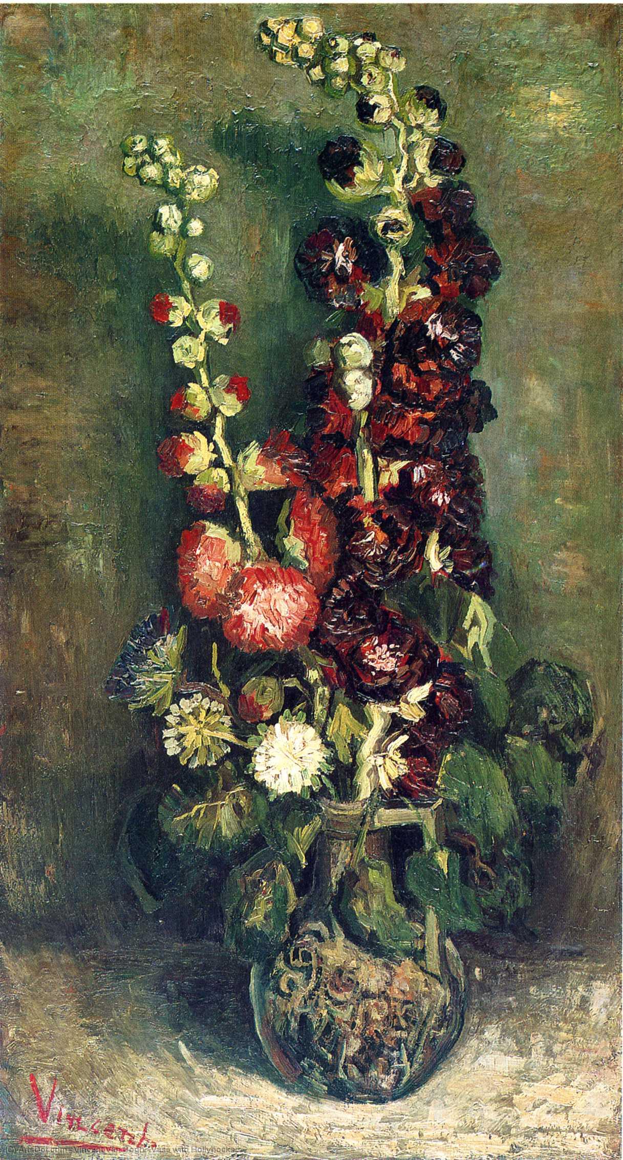 Wikioo.org - The Encyclopedia of Fine Arts - Painting, Artwork by Vincent Van Gogh - Vase with Hollyhocks