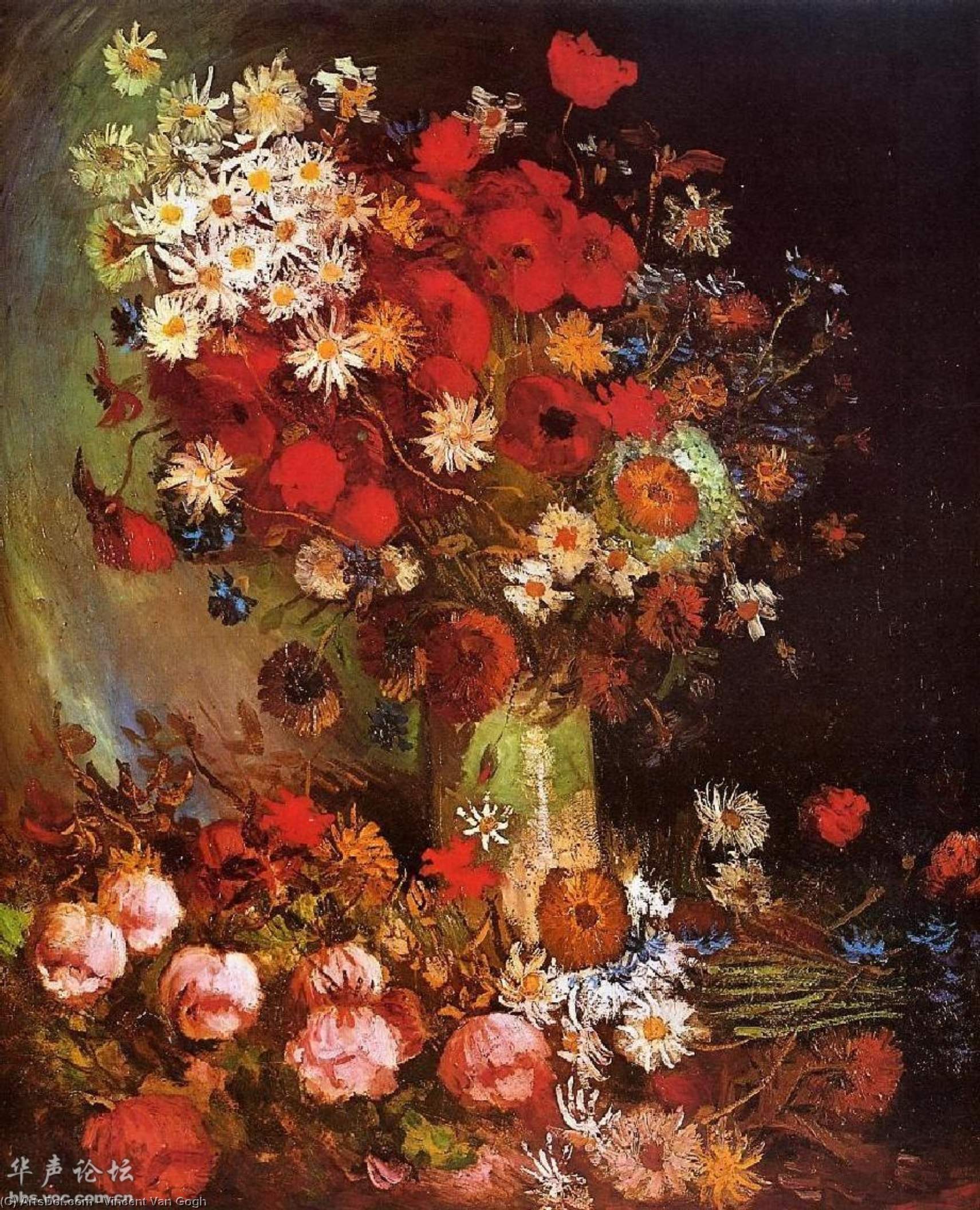WikiOO.org - Encyclopedia of Fine Arts - Maalaus, taideteos Vincent Van Gogh - Vase with Poppies, Cornflowers, Peonies and Chrysanthemums