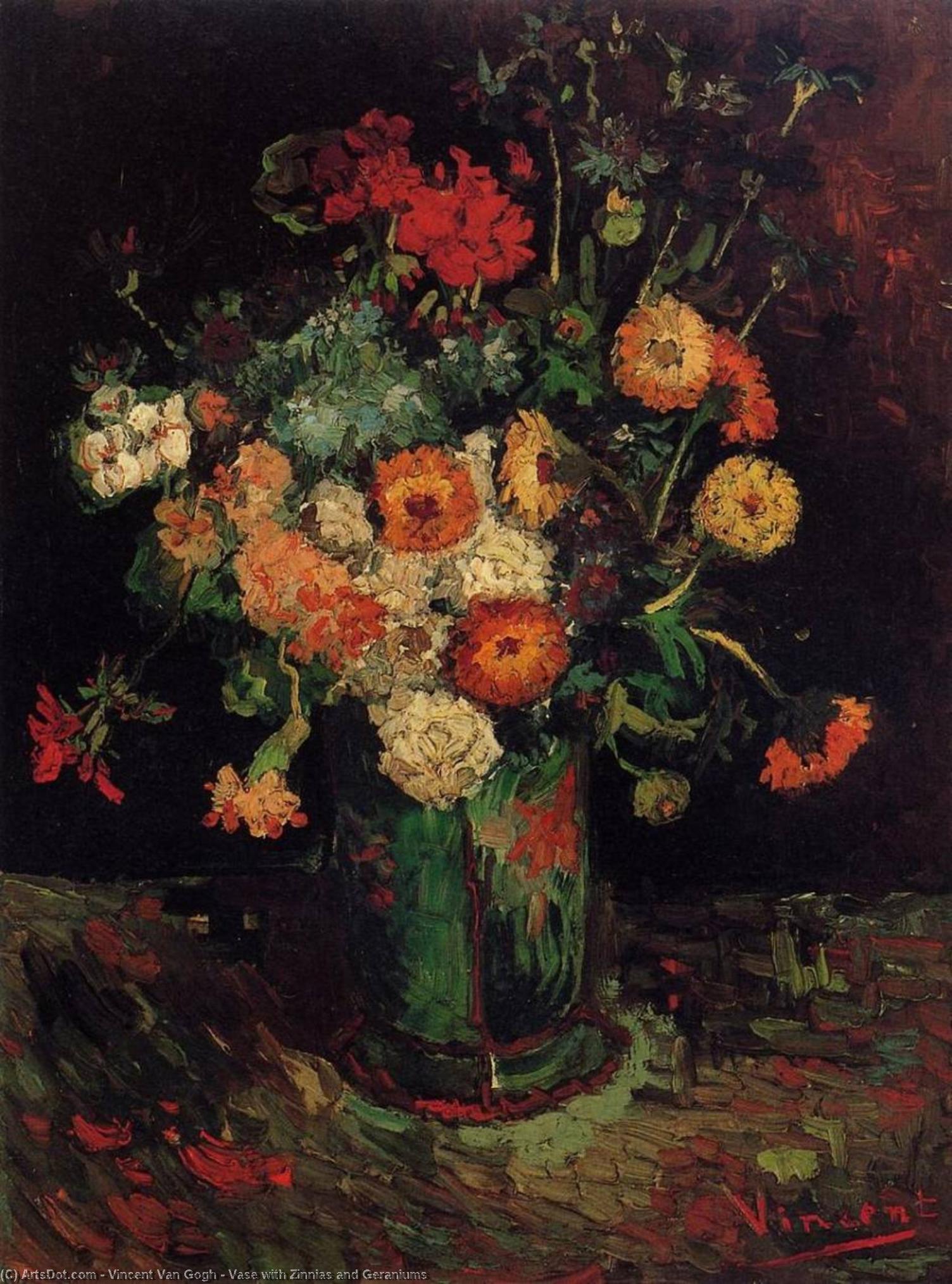 Wikoo.org - موسوعة الفنون الجميلة - اللوحة، العمل الفني Vincent Van Gogh - Vase with Zinnias and Geraniums