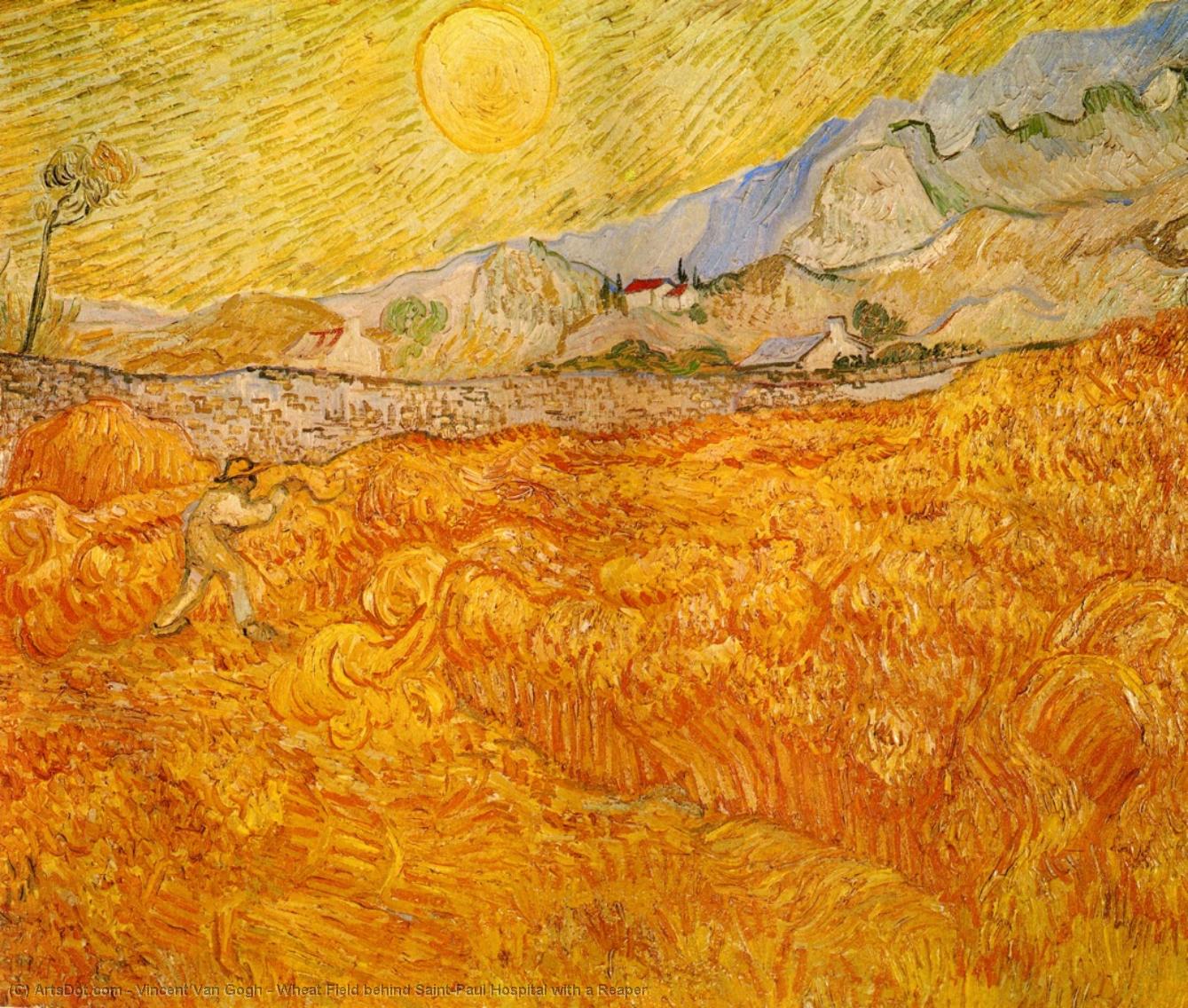 Wikioo.org – L'Encyclopédie des Beaux Arts - Peinture, Oeuvre de Vincent Van Gogh - Champ de blé derrière hôpital de St Paul avec un Reaper