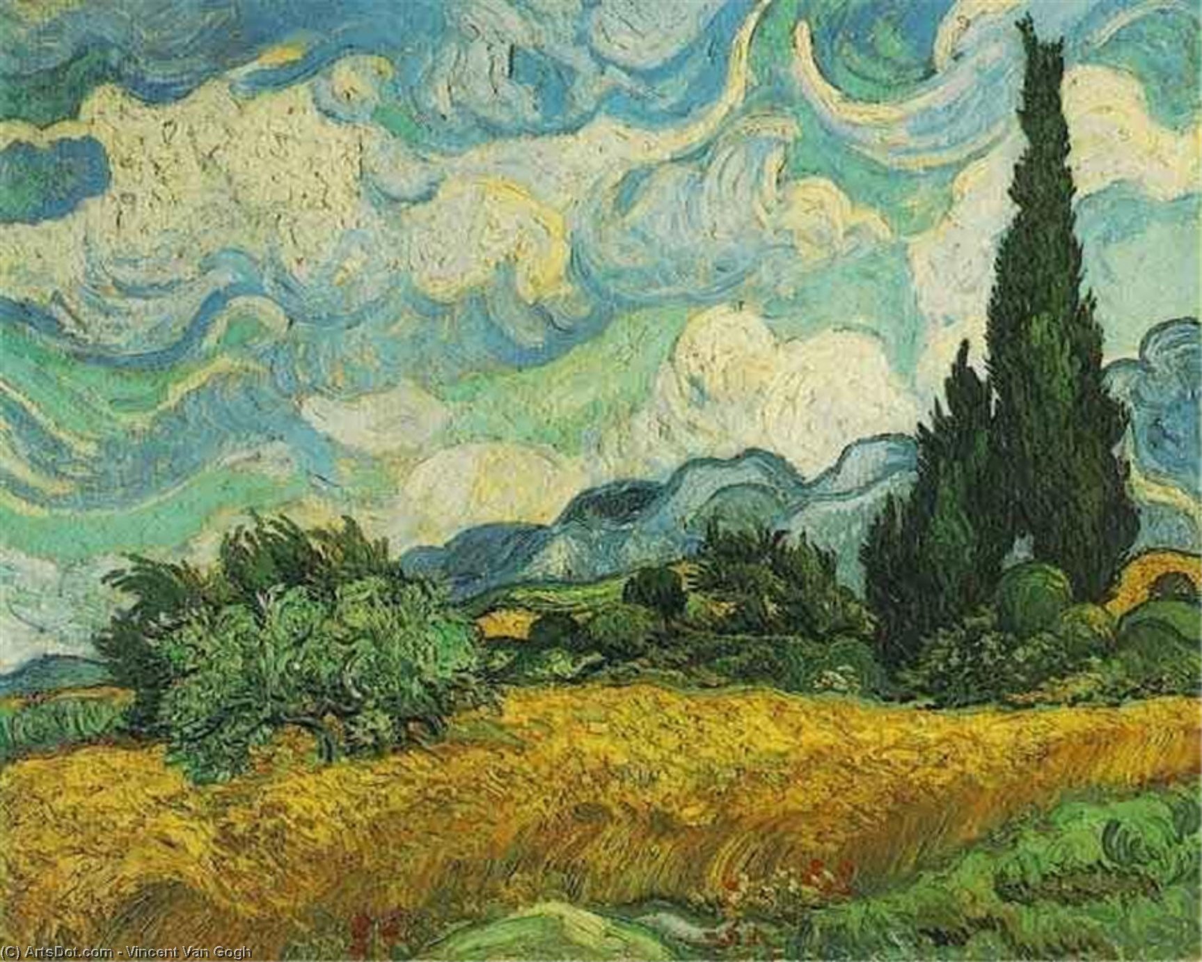 Wikioo.org – La Enciclopedia de las Bellas Artes - Pintura, Obras de arte de Vincent Van Gogh - campo de trigo con los cipreses en el haute g cerca de eygalieres