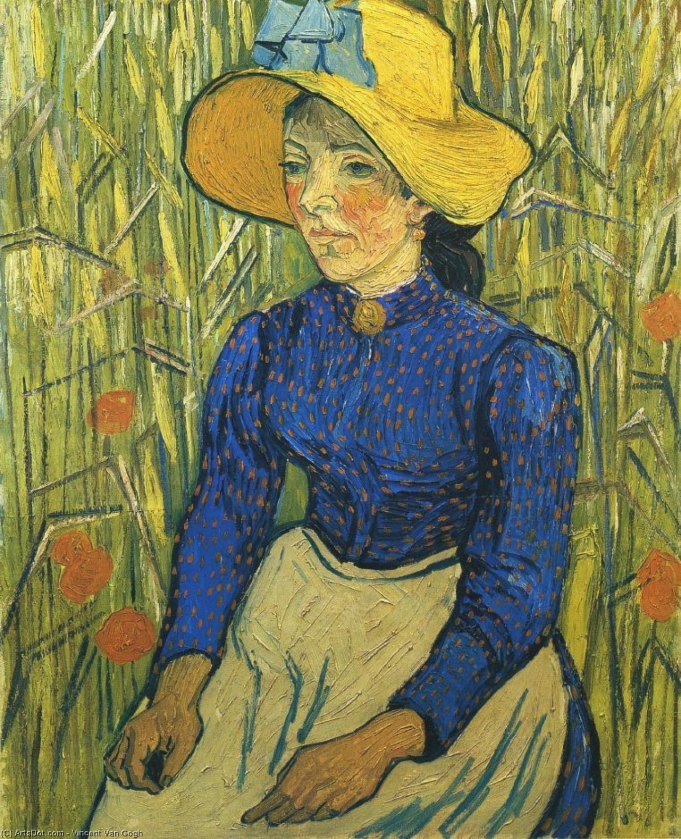 Wikioo.org - The Encyclopedia of Fine Arts - Painting, Artwork by Vincent Van Gogh - Young Peasant Woman with Straw Hat Sitting in the Wheat