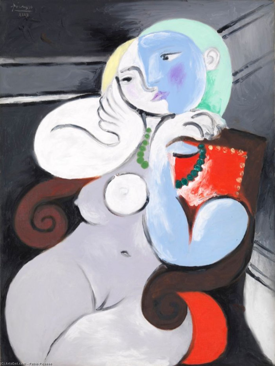 WikiOO.org - 百科事典 - 絵画、アートワーク Pablo Picasso - 裸体 女性 赤で アームチェア