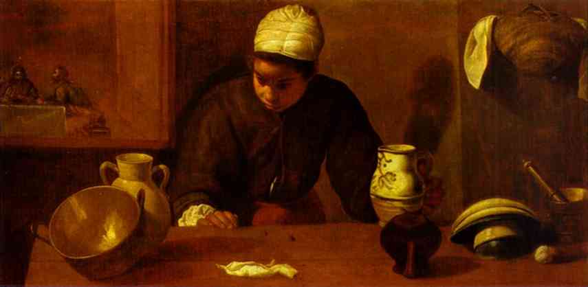 Wikioo.org – La Enciclopedia de las Bellas Artes - Pintura, Obras de arte de Diego Velazquez - Criada de la cocina con la cena en Emmaus