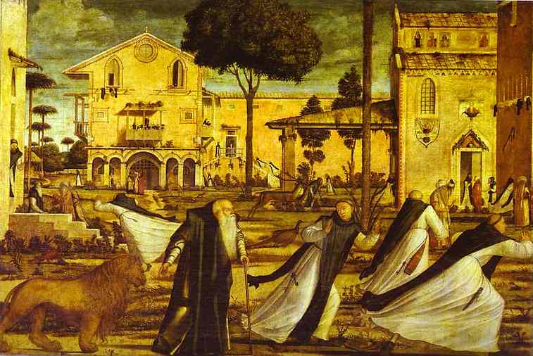 WikiOO.org - Enciclopédia das Belas Artes - Pintura, Arte por Vittore Carpaccio - St. Jerome Leads the Lion into the Monastery