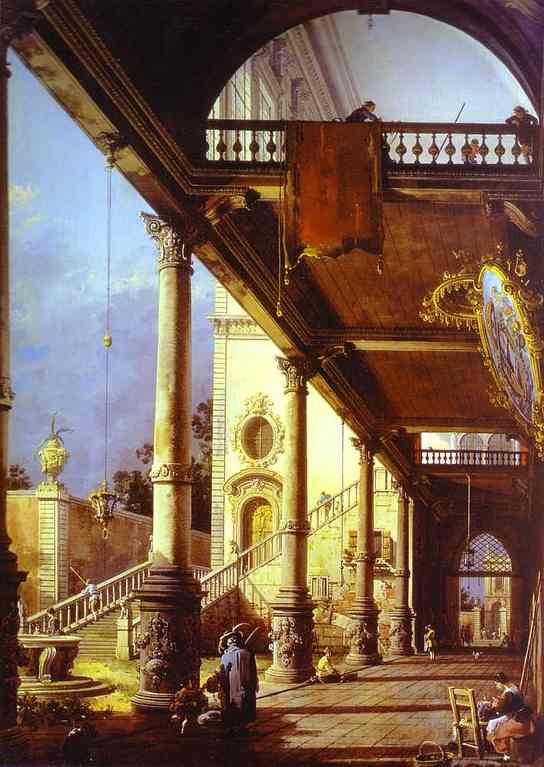 Wikioo.org - The Encyclopedia of Fine Arts - Painting, Artwork by Giovanni Antonio Canal (Canaletto) - Capriccio of Colonade and the Courtyard of a Palace