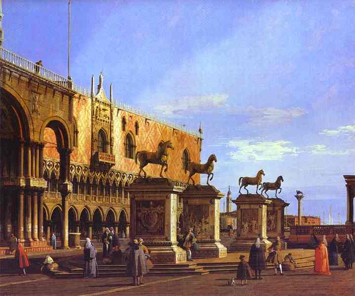 Wikioo.org - สารานุกรมวิจิตรศิลป์ - จิตรกรรม Giovanni Antonio Canal (Canaletto) - Capriccio - the Horses of San Marco in the Piazzetta