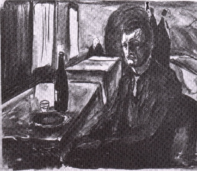 Wikioo.org - The Encyclopedia of Fine Arts - Painting, Artwork by Edvard Munch - Self-portrait with bottle of wine