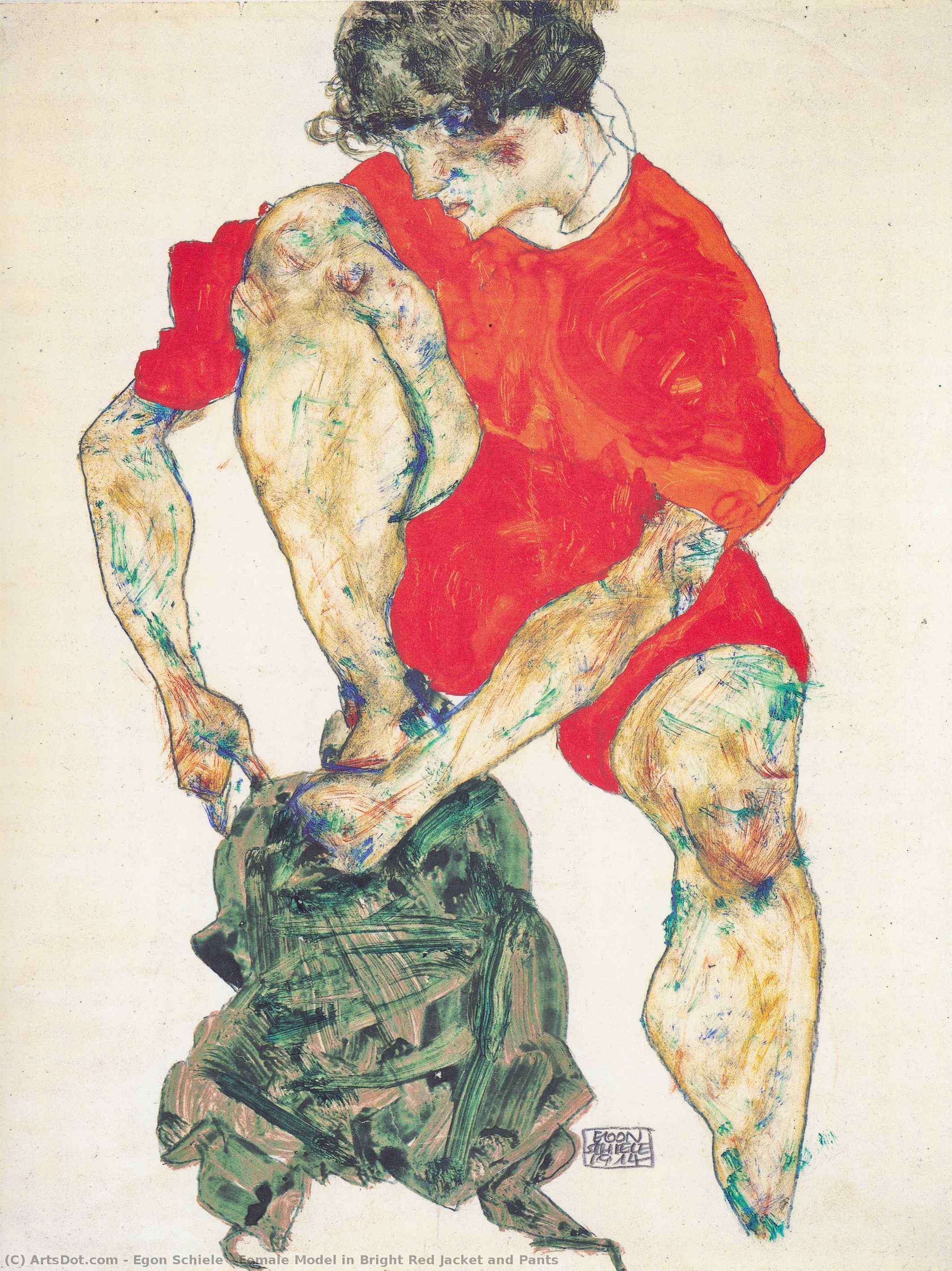 Wikoo.org - موسوعة الفنون الجميلة - اللوحة، العمل الفني Egon Schiele - Female Model in Bright Red Jacket and Pants