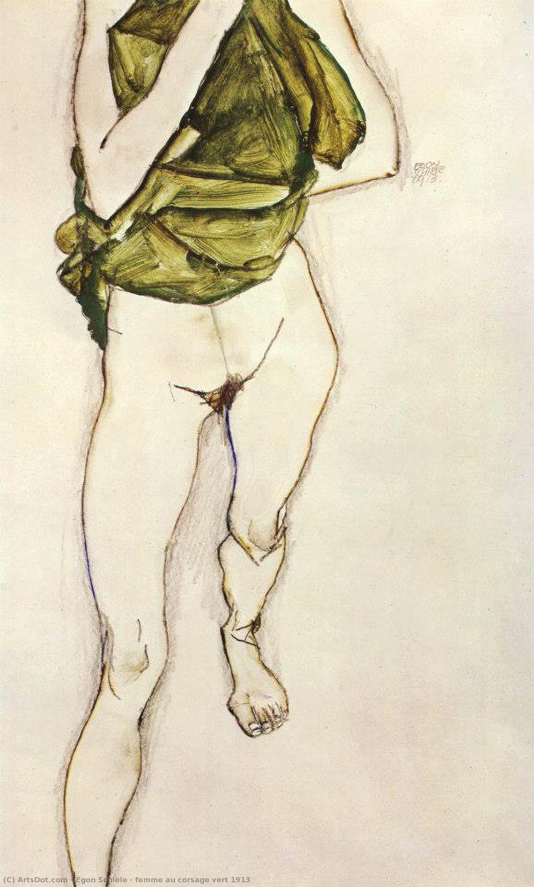 Wikoo.org - موسوعة الفنون الجميلة - اللوحة، العمل الفني Egon Schiele - femme au corsage vert 1913