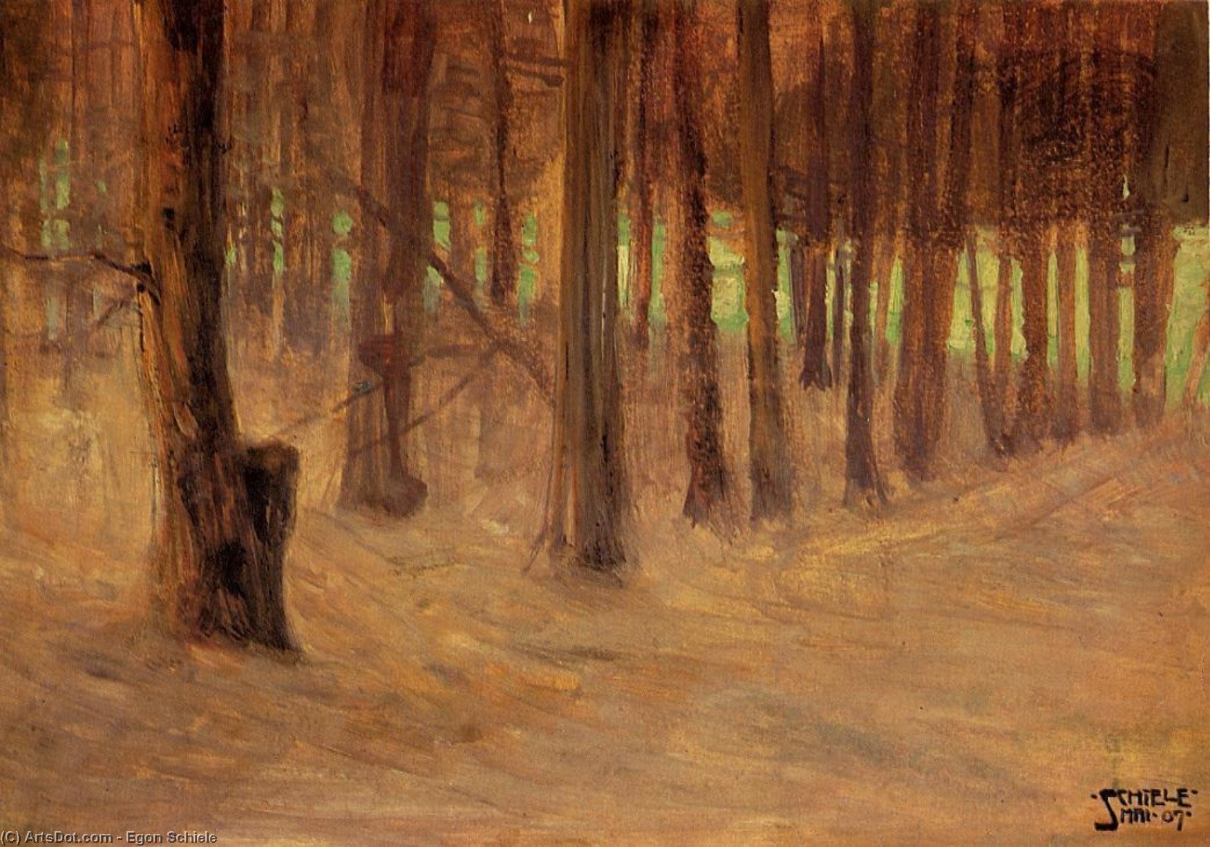 WikiOO.org - Encyclopedia of Fine Arts - Schilderen, Artwork Egon Schiele - Forest with Sunlit Clearing in the Background