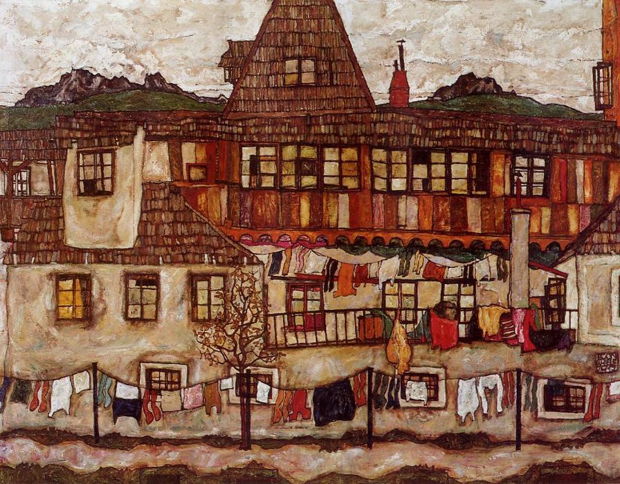 WikiOO.org - Encyclopedia of Fine Arts - Maalaus, taideteos Egon Schiele - House with Drying Laundry