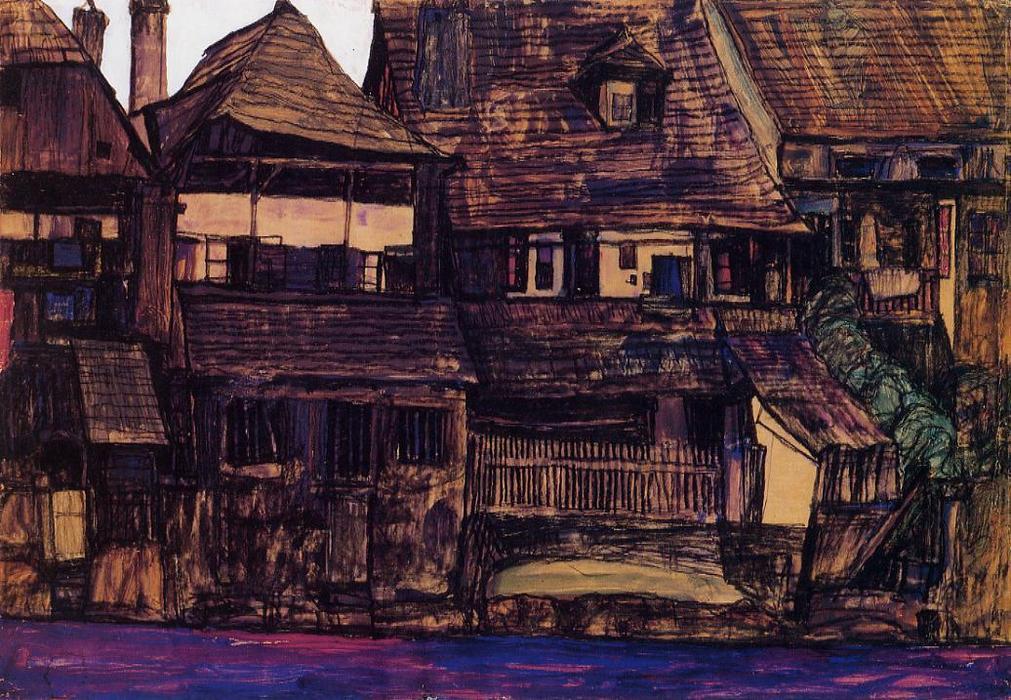 Wikioo.org - The Encyclopedia of Fine Arts - Painting, Artwork by Egon Schiele - Houses on the Moldau, Krumau