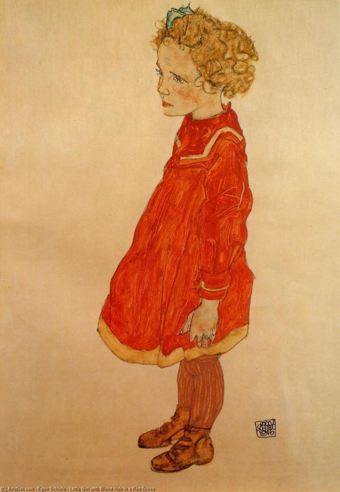 Wikioo.org - The Encyclopedia of Fine Arts - Painting, Artwork by Egon Schiele - Little Girl with Blond Hair in a Red Dress
