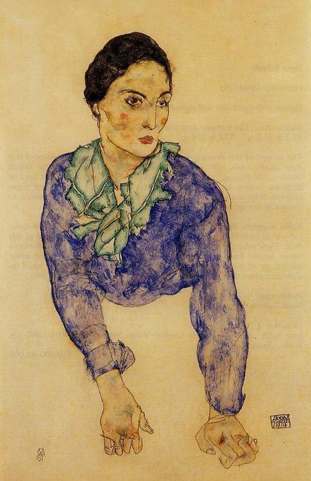 Wikoo.org - موسوعة الفنون الجميلة - اللوحة، العمل الفني Egon Schiele - Portrait of a Woman with Blue and Green Scarf