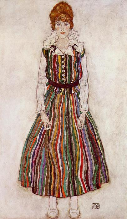 Wikioo.org - The Encyclopedia of Fine Arts - Painting, Artwork by Egon Schiele - Portrait of Edith Schiele in a Striped Dress