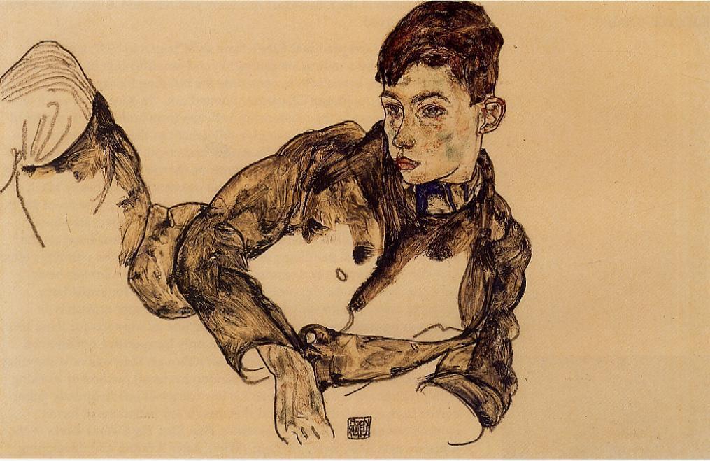 WikiOO.org - Encyclopedia of Fine Arts - Maalaus, taideteos Egon Schiele - Reclining Boy Leaning on His Elbow