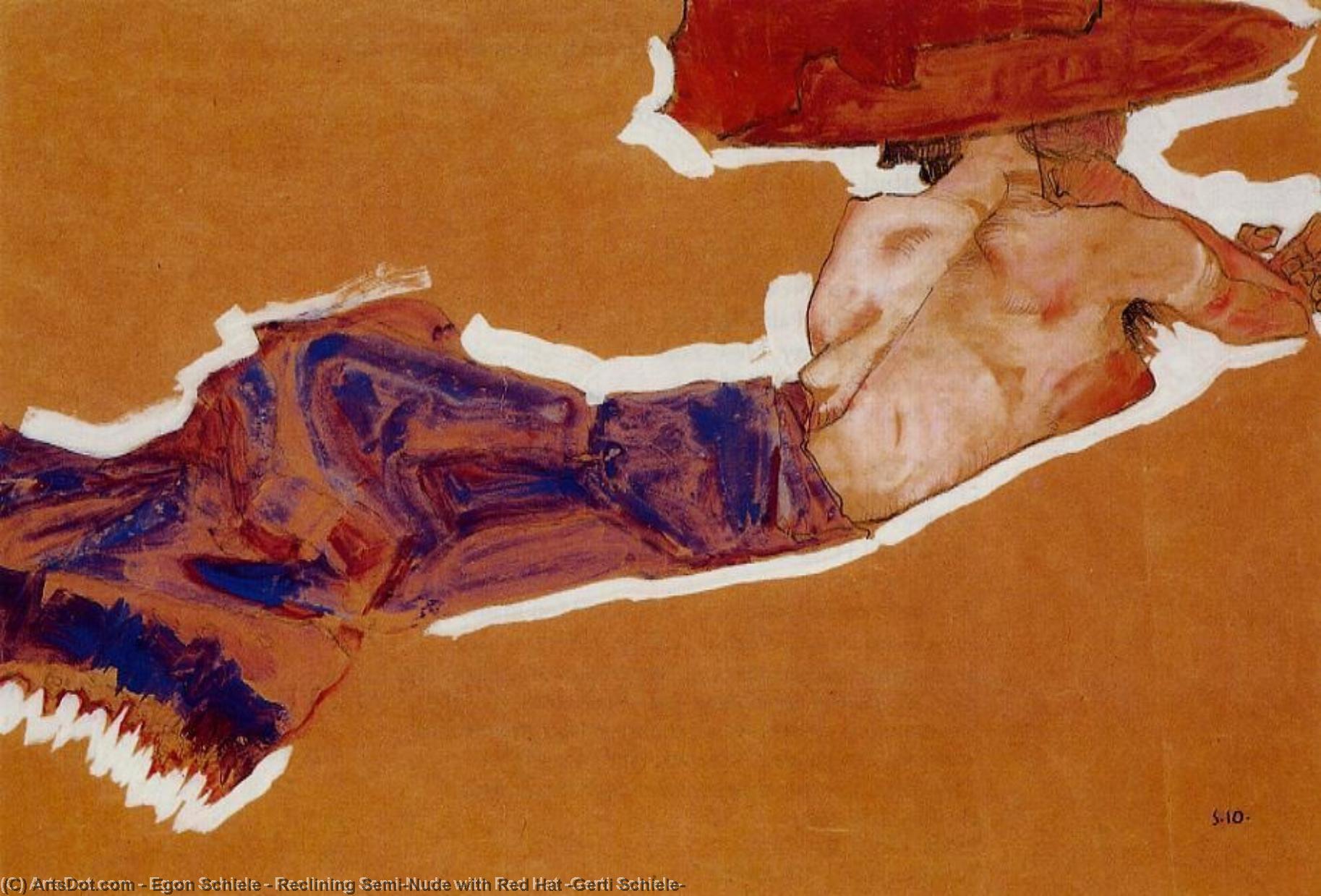 Wikioo.org - The Encyclopedia of Fine Arts - Painting, Artwork by Egon Schiele - Reclining Semi-Nude with Red Hat (Gerti Schiele)