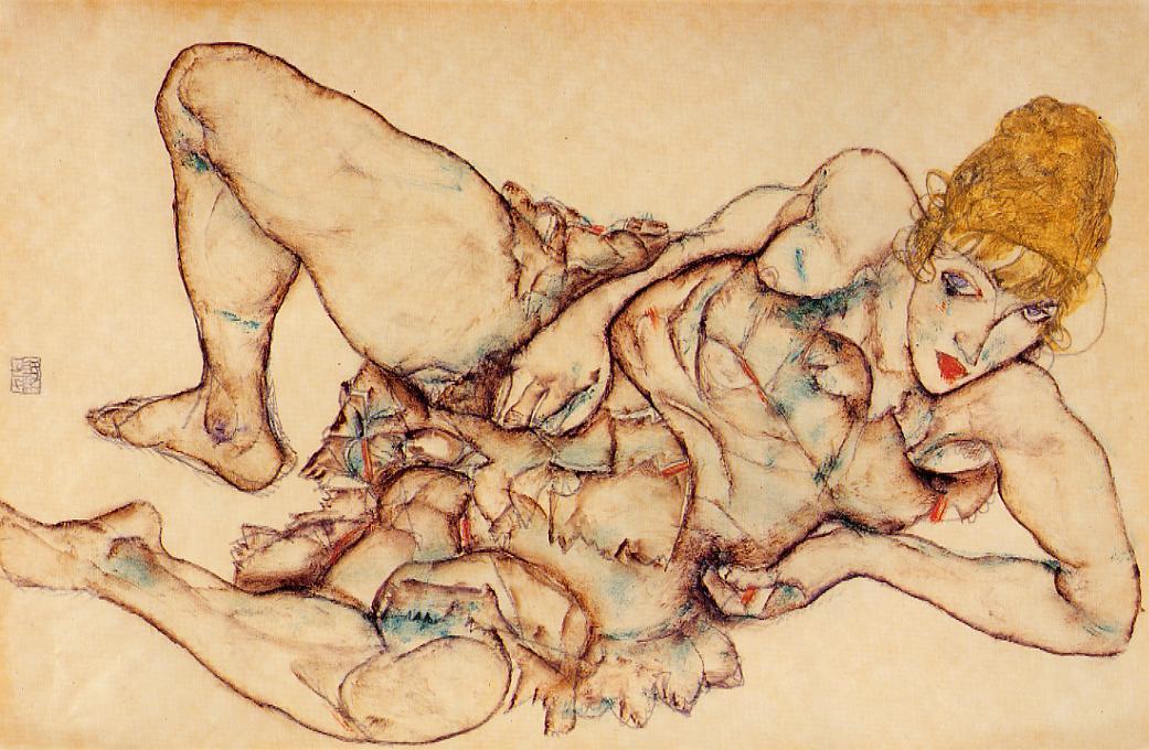 Wikoo.org - موسوعة الفنون الجميلة - اللوحة، العمل الفني Egon Schiele - Reclining Woman with Blond Hair