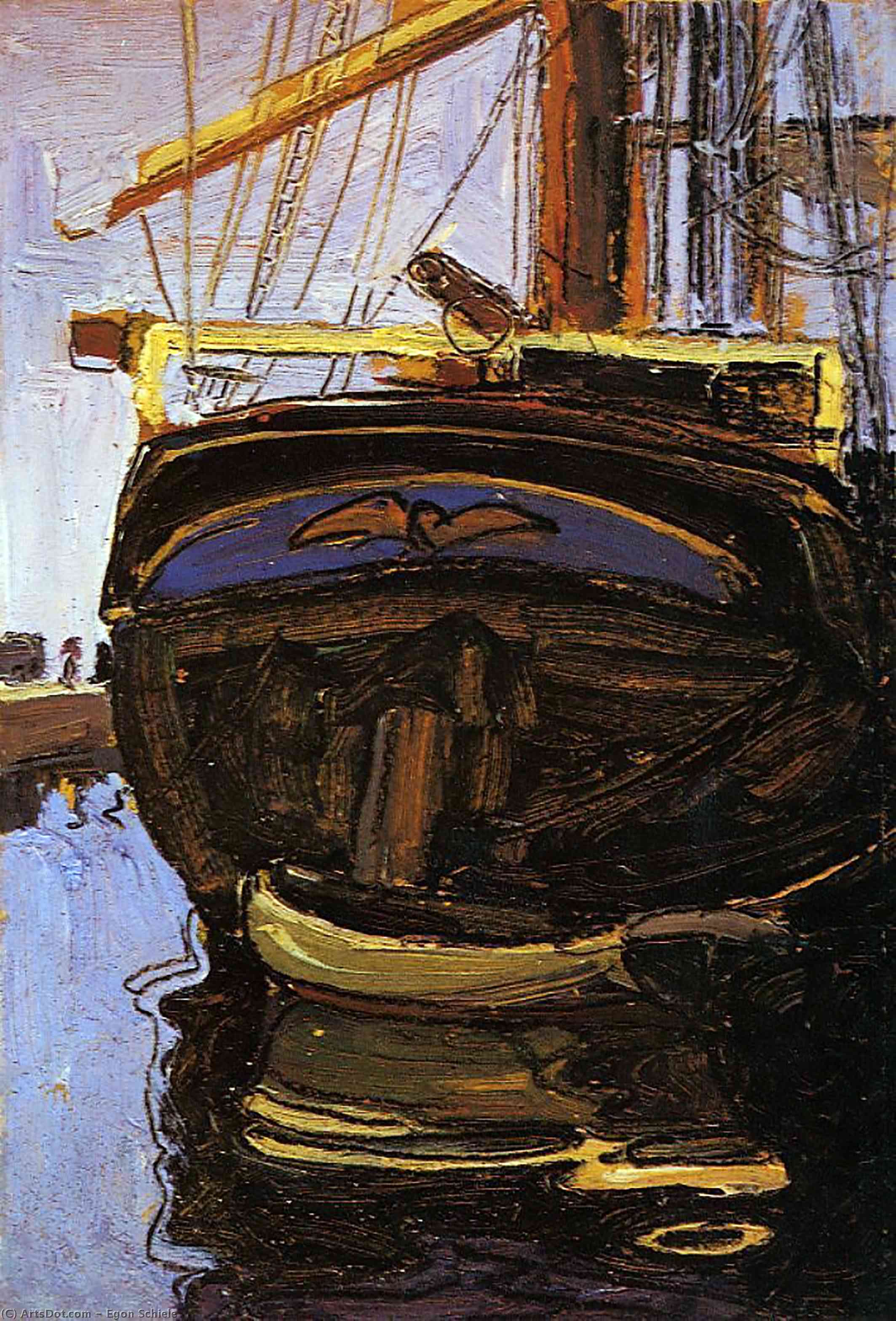 WikiOO.org - Εγκυκλοπαίδεια Καλών Τεχνών - Ζωγραφική, έργα τέχνης Egon Schiele - Sailing Ship with Dinghy