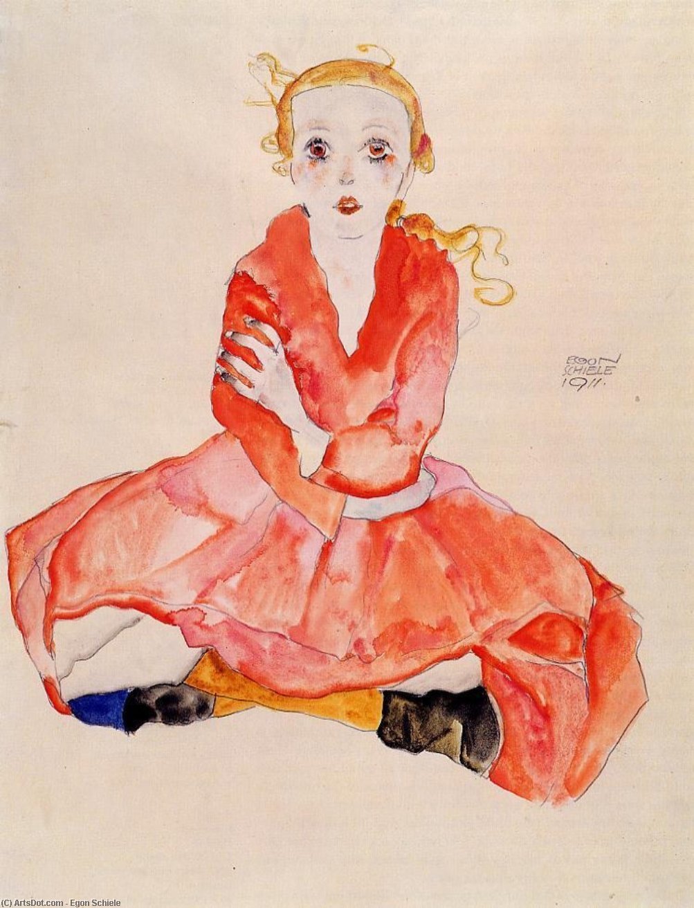 Wikioo.org - The Encyclopedia of Fine Arts - Painting, Artwork by Egon Schiele - Seated Girl Facing Front
