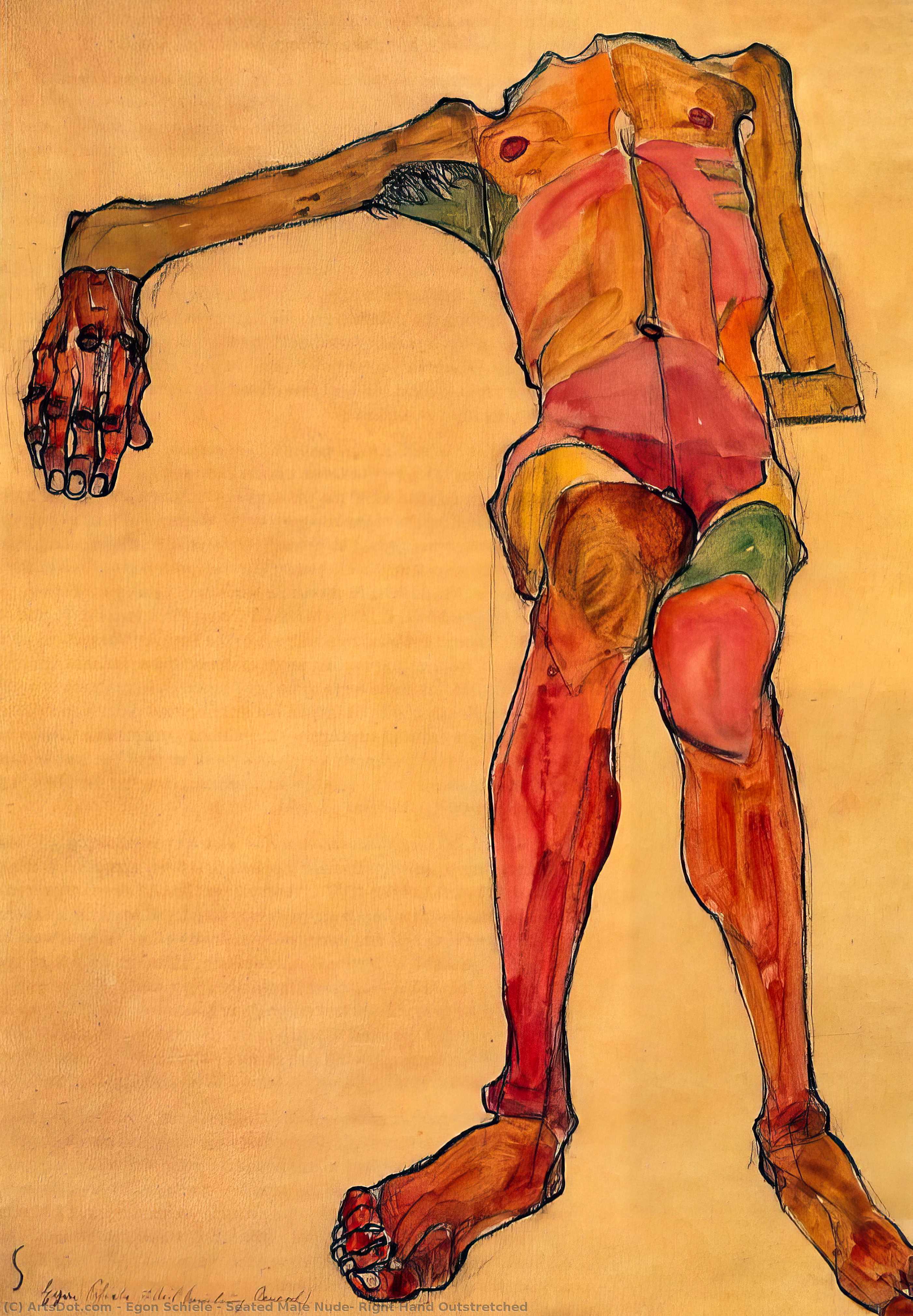 WikiOO.org - Encyclopedia of Fine Arts - Lukisan, Artwork Egon Schiele - Seated Male Nude, Right Hand Outstretched