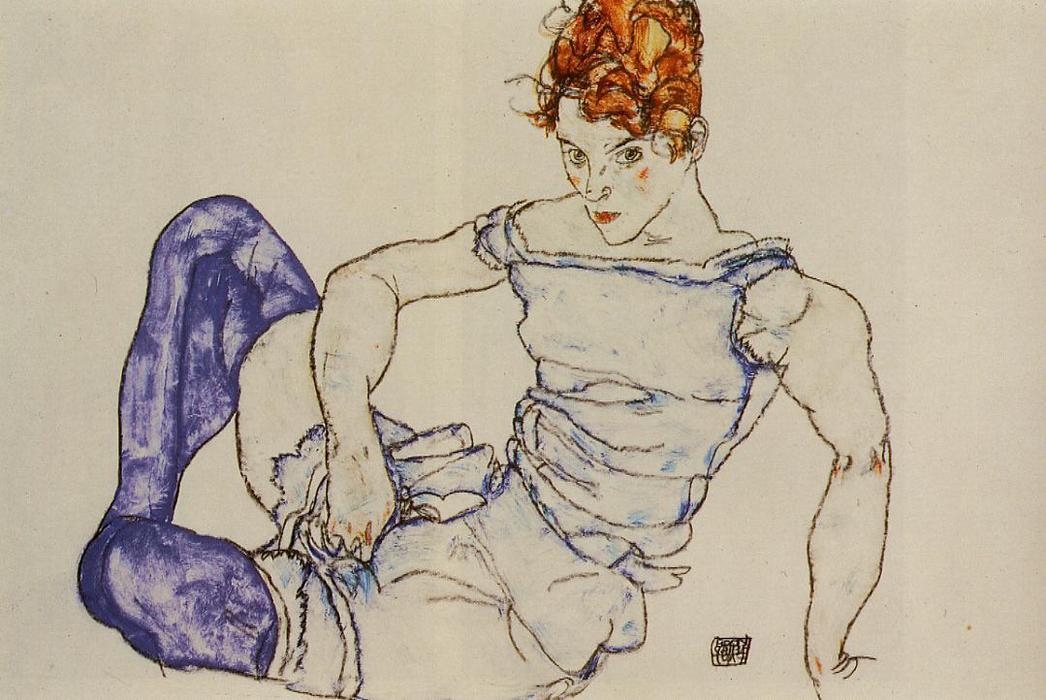 Wikioo.org - The Encyclopedia of Fine Arts - Painting, Artwork by Egon Schiele - Seated Woman in Violet Stockings
