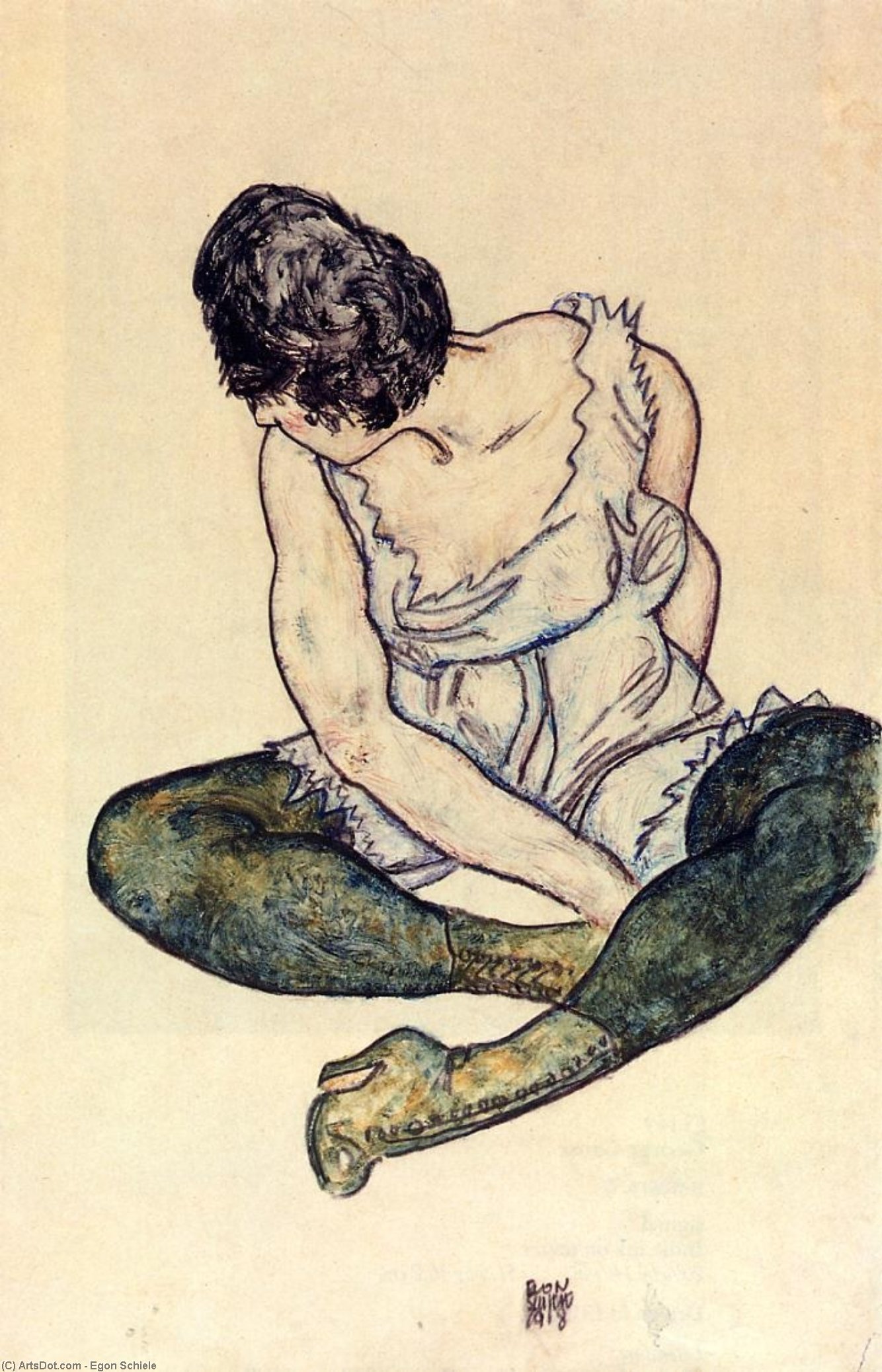 Wikioo.org - The Encyclopedia of Fine Arts - Painting, Artwork by Egon Schiele - Seated Woman with Green Stockings