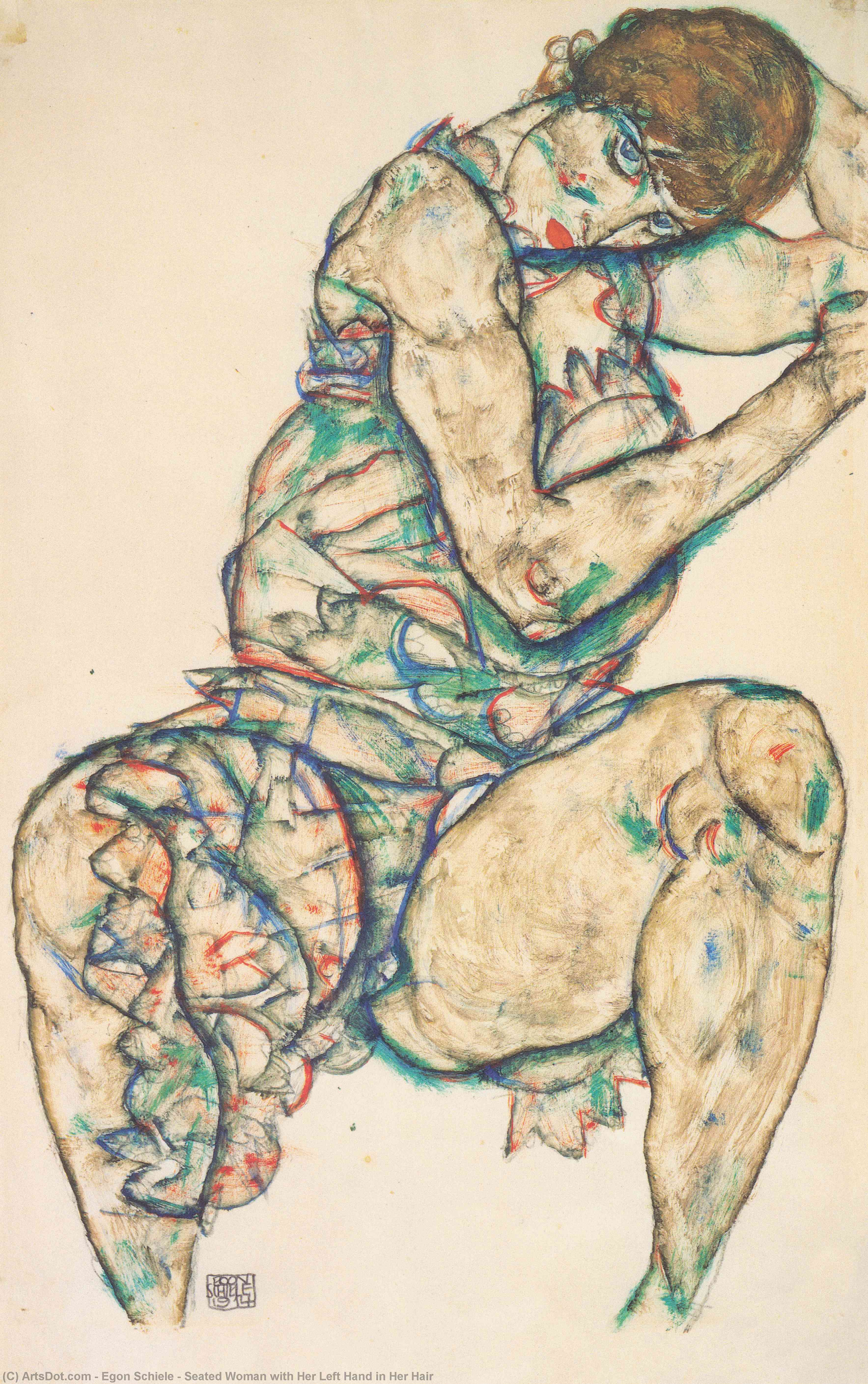 Wikioo.org – L'Enciclopedia delle Belle Arti - Pittura, Opere di Egon Schiele - donna seduta con lei mano sinistra in lei capelli