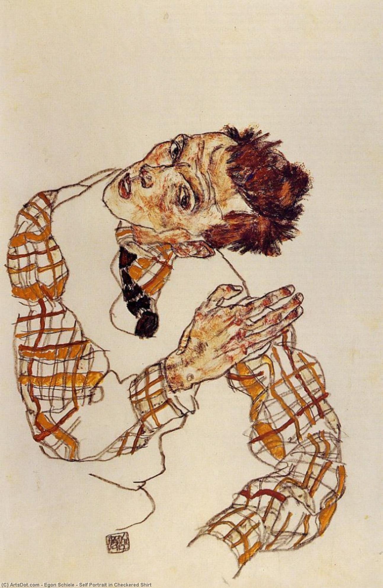 WikiOO.org - Encyclopedia of Fine Arts - Maleri, Artwork Egon Schiele - Self Portrait in Checkered Shirt