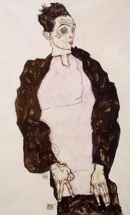 WikiOO.org - Εγκυκλοπαίδεια Καλών Τεχνών - Ζωγραφική, έργα τέχνης Egon Schiele - Self Portrait in Lavender and Dark Suit, Standing