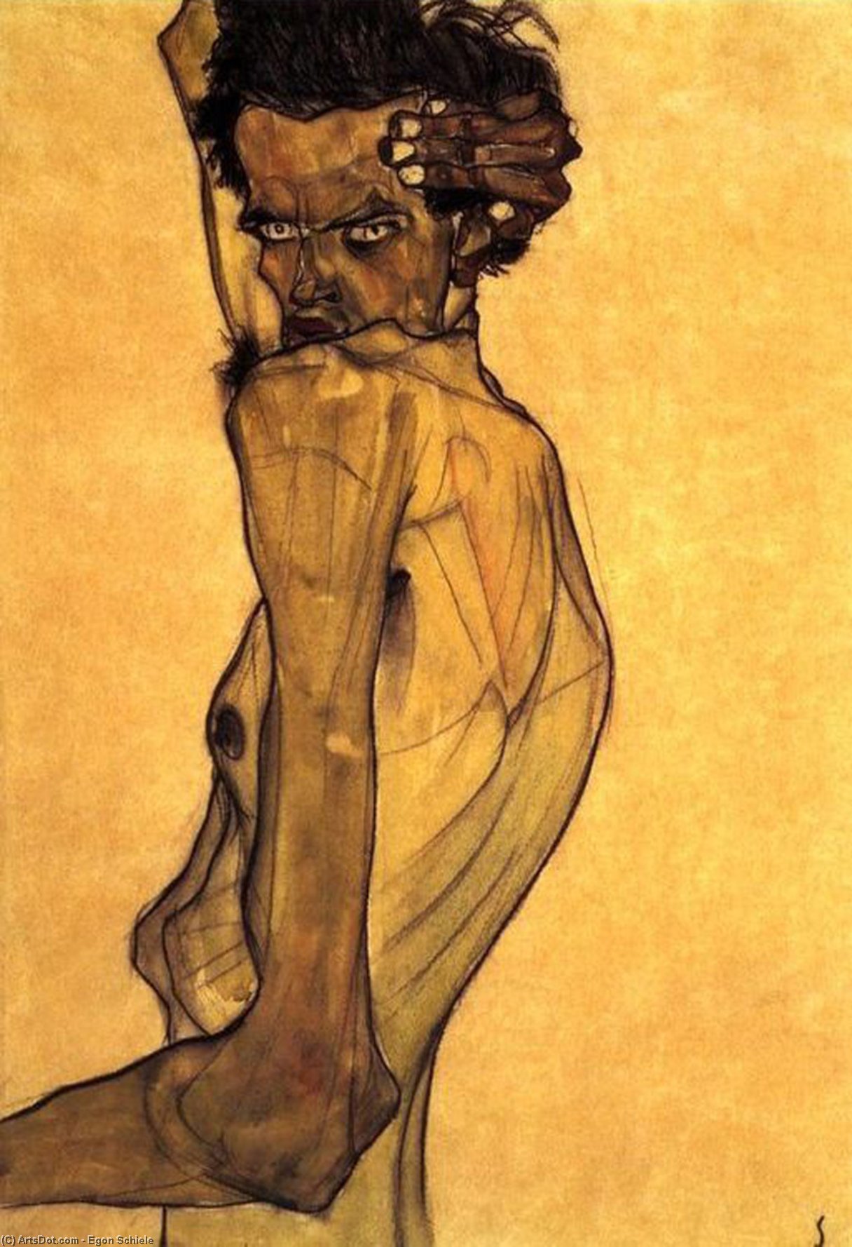 Wikioo.org – L'Encyclopédie des Beaux Arts - Peinture, Oeuvre de Egon Schiele - auto portrait avec bras  tordre  ci dessus  Tête