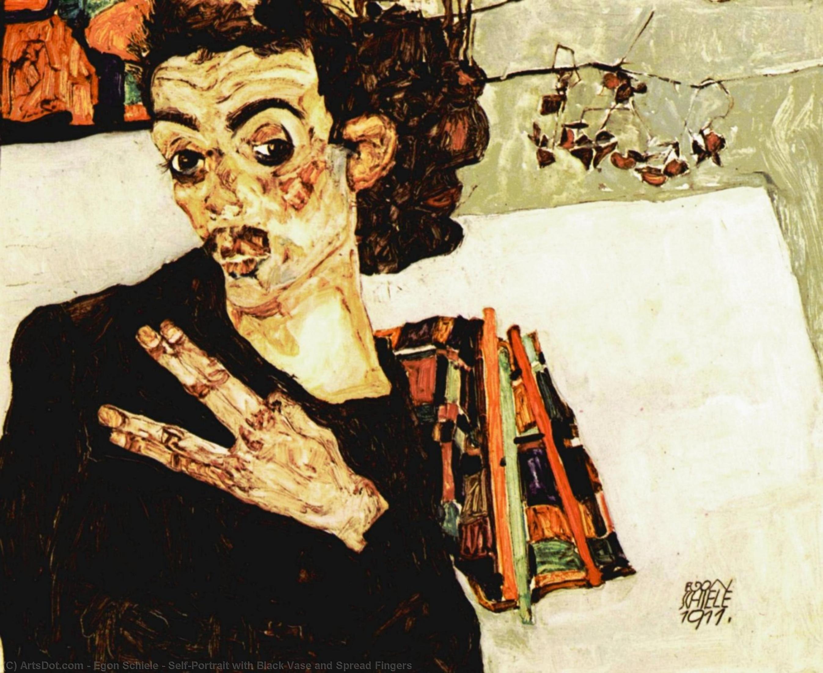 WikiOO.org - Εγκυκλοπαίδεια Καλών Τεχνών - Ζωγραφική, έργα τέχνης Egon Schiele - Self-Portrait with Black Vase and Spread Fingers