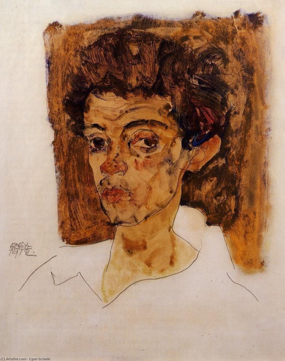 WikiOO.org - Εγκυκλοπαίδεια Καλών Τεχνών - Ζωγραφική, έργα τέχνης Egon Schiele - Self Portrait with Brown Background